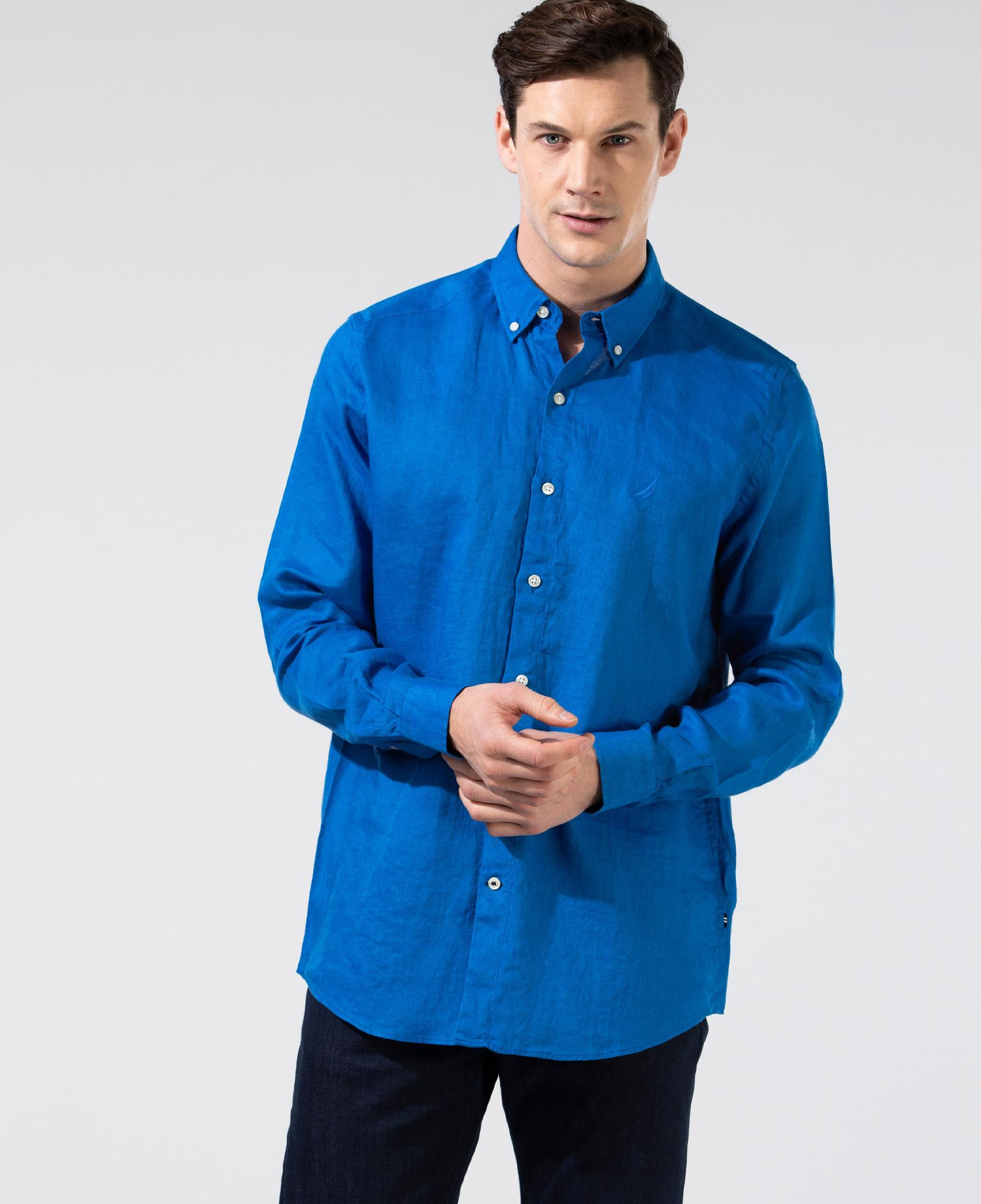 Nautica Erkek Mavi Classic Fit Uzun Kollu Keten Gömlek
