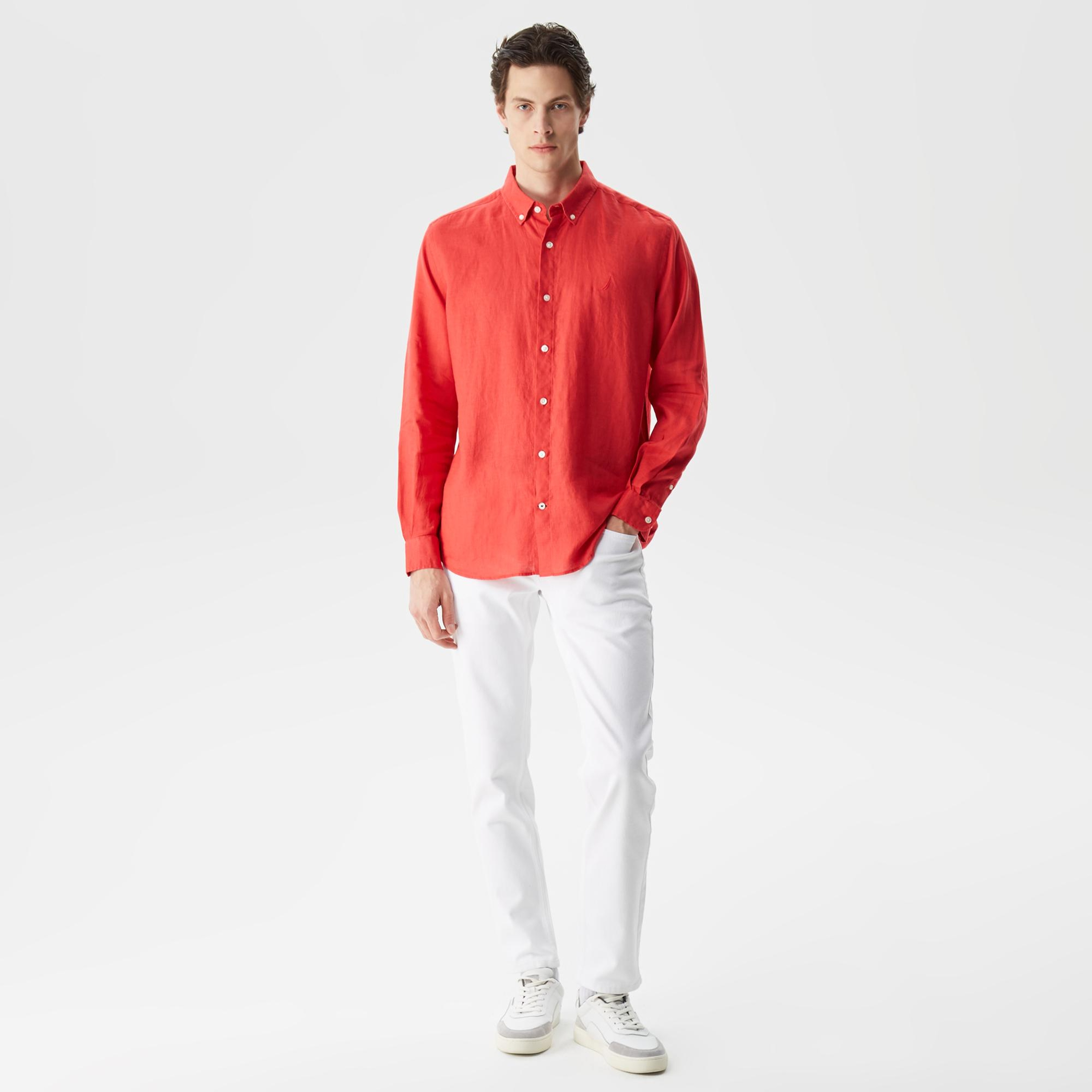 Nautica Erkek Kırmızı Classic Fit Uzun Kollu Keten Gömlek