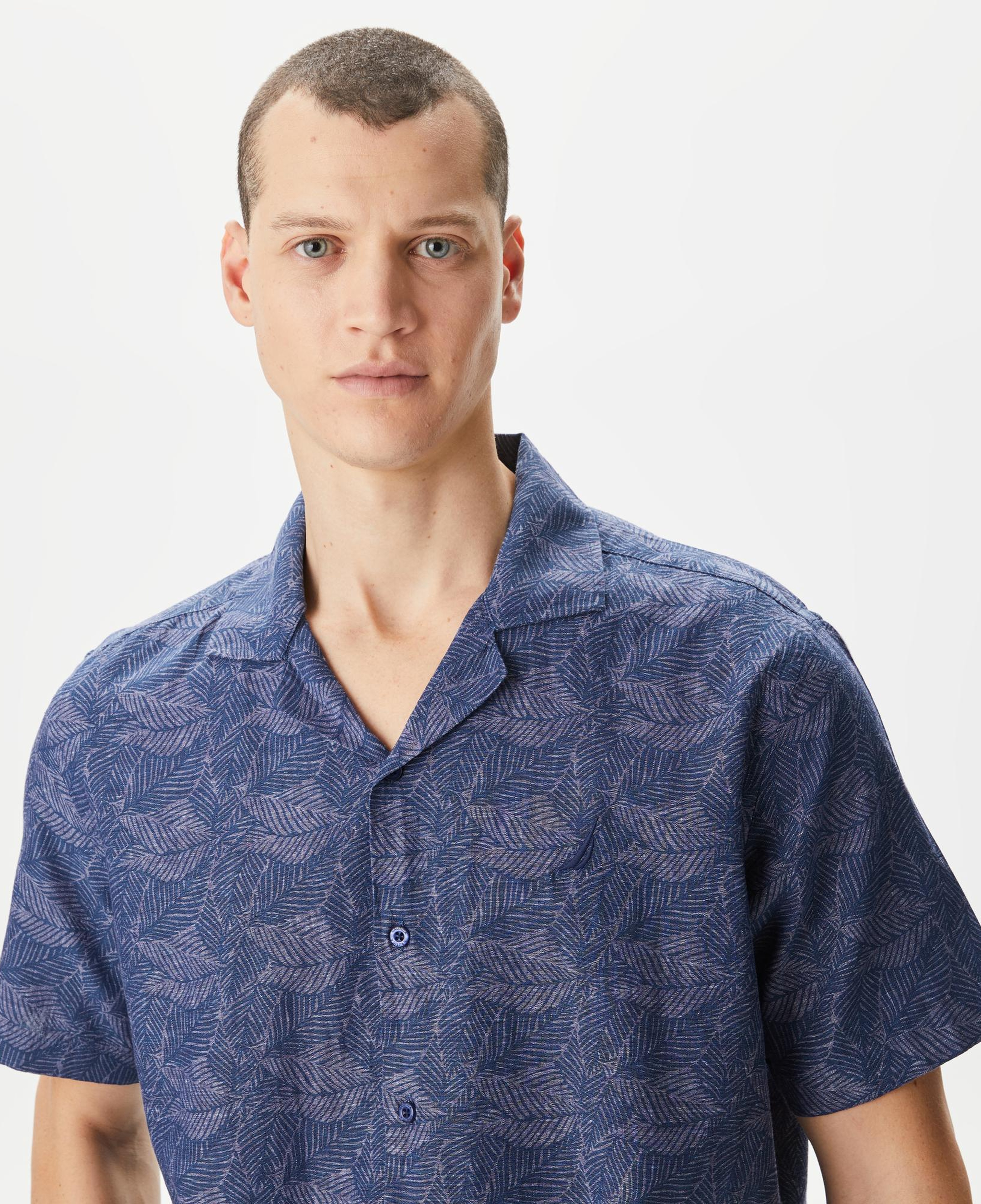 Nautica Erkek Lacivert Classic Fit Kısa Kollu Desenli Keten Gömlek