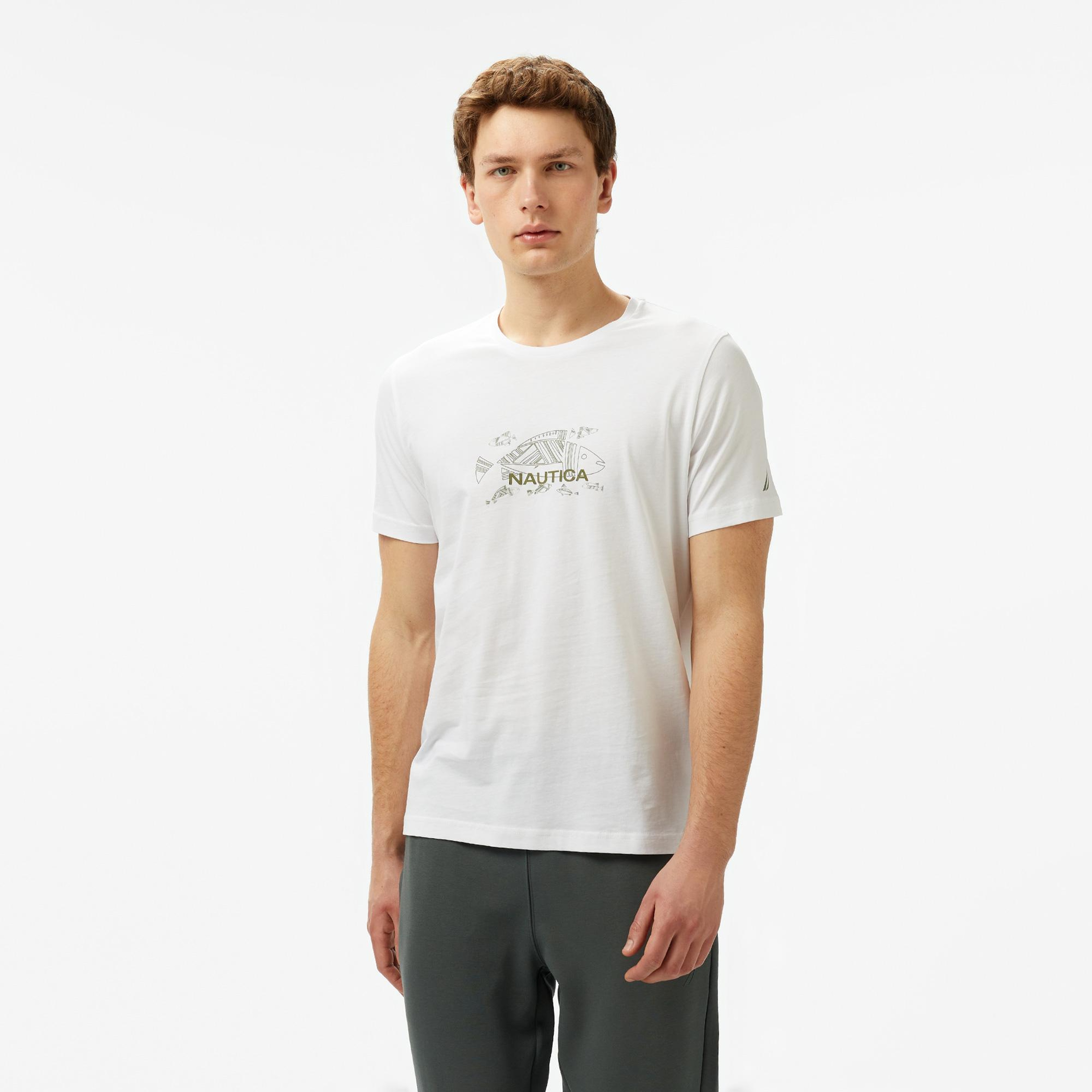 Nautica Erkek Beyaz Regular Fit Baskılı T-Shirt