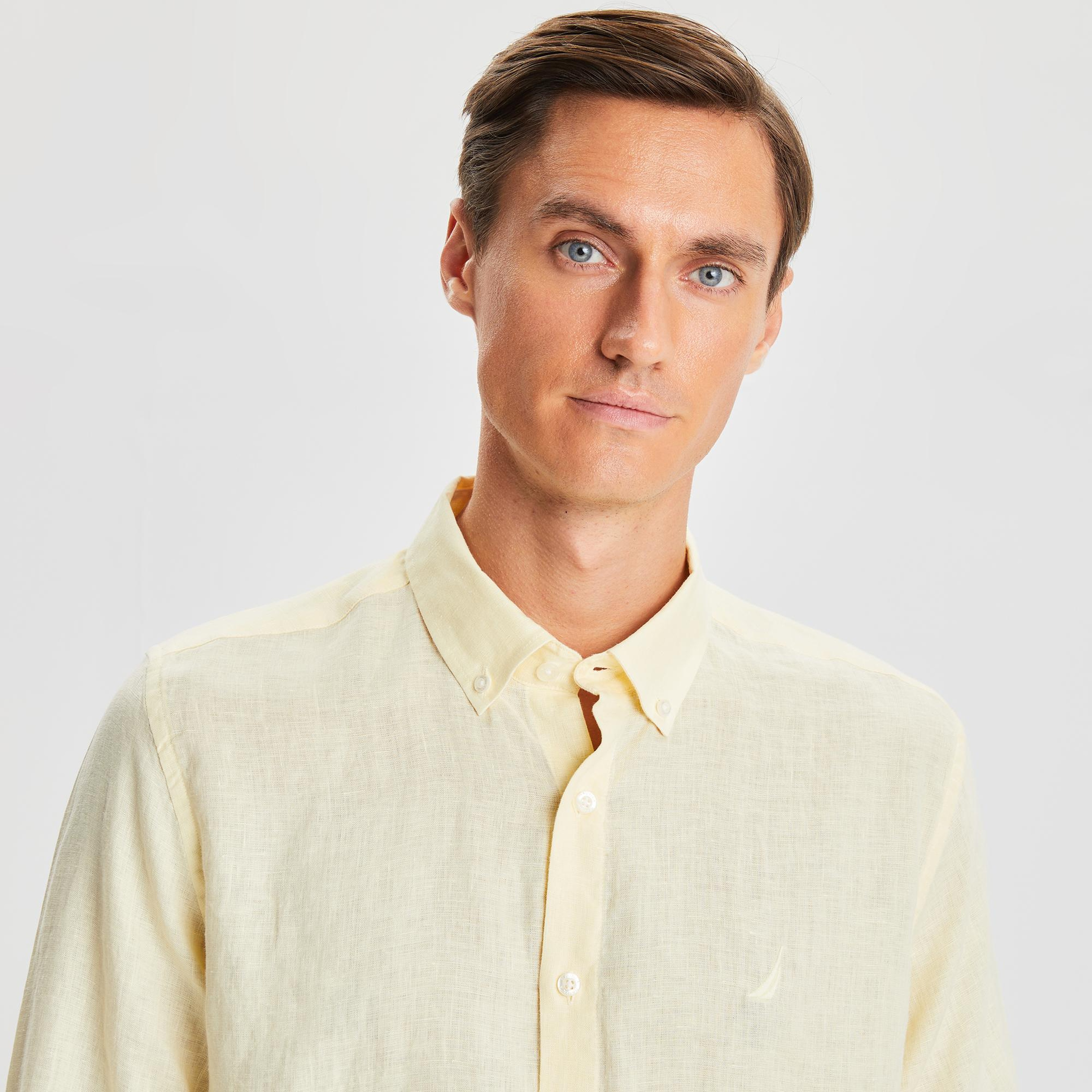 Nautica Erkek Sarı Classic Fit Uzun Kollu Keten Gömlek