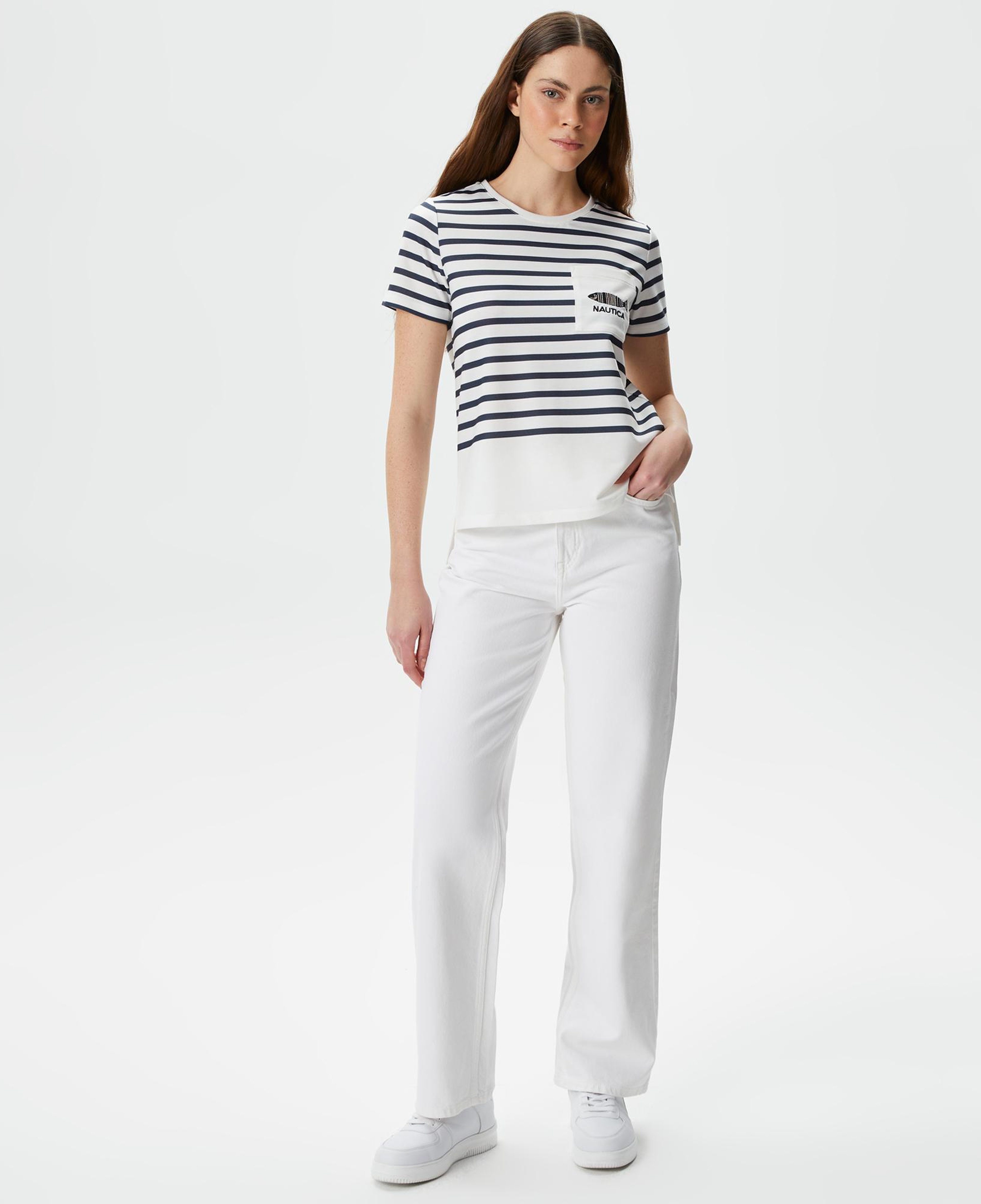 Nautica Kadın Beyaz Regular Fit Çizgili T-Shirt