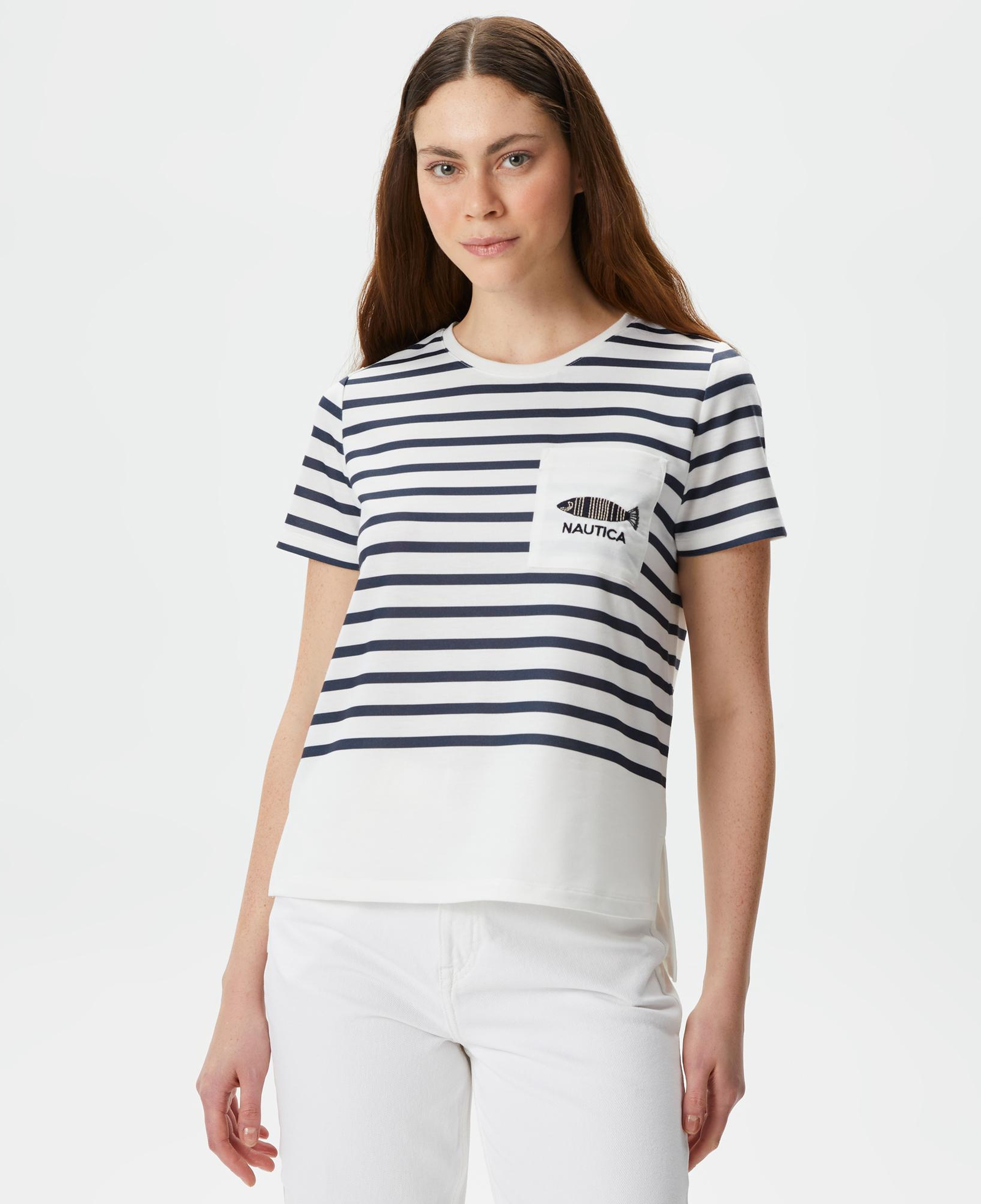 Nautica Kadın Beyaz Regular Fit Çizgili T-Shirt