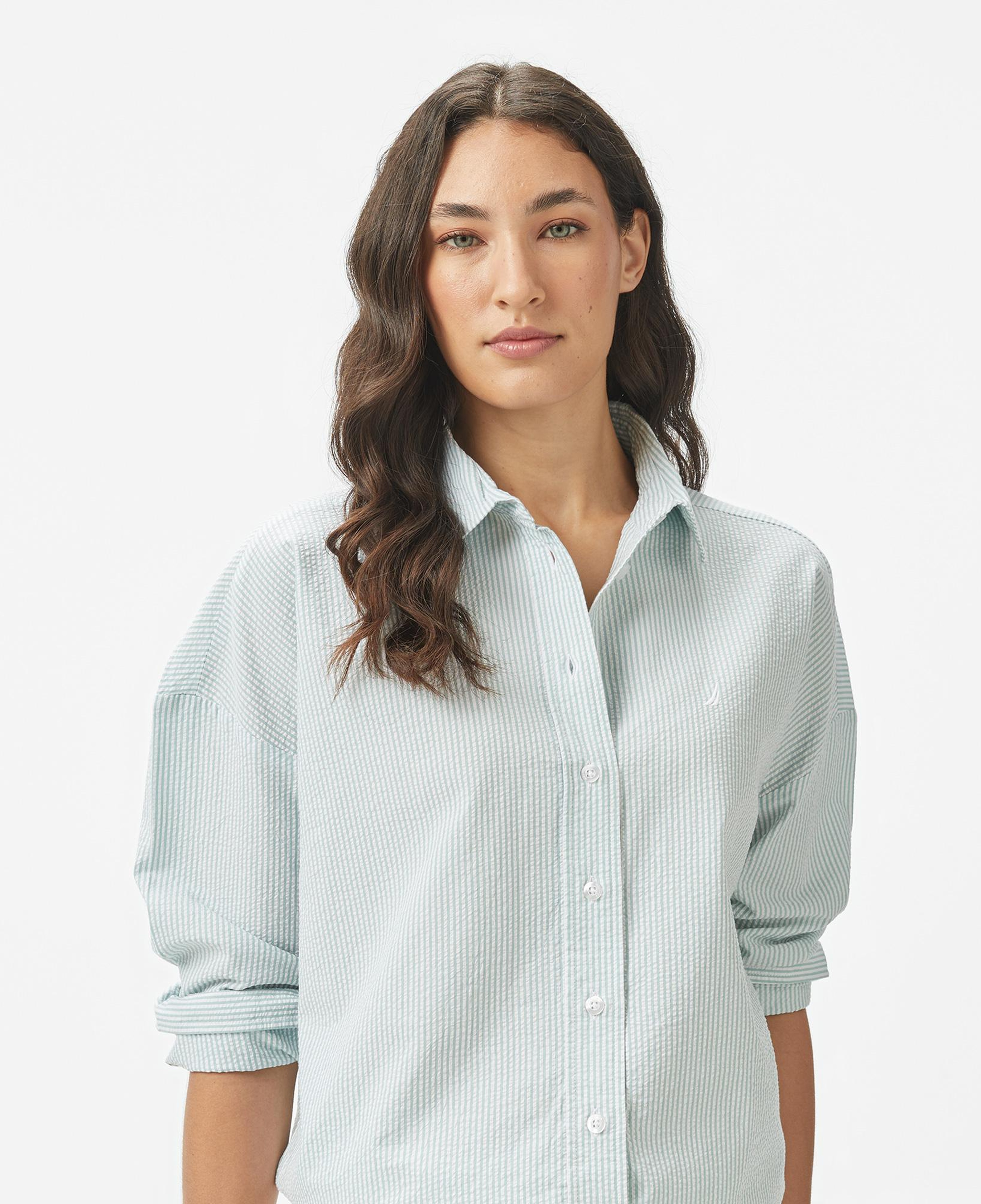 Nautica Kadın Yeşil Regular Fit Çizgili Gömlek