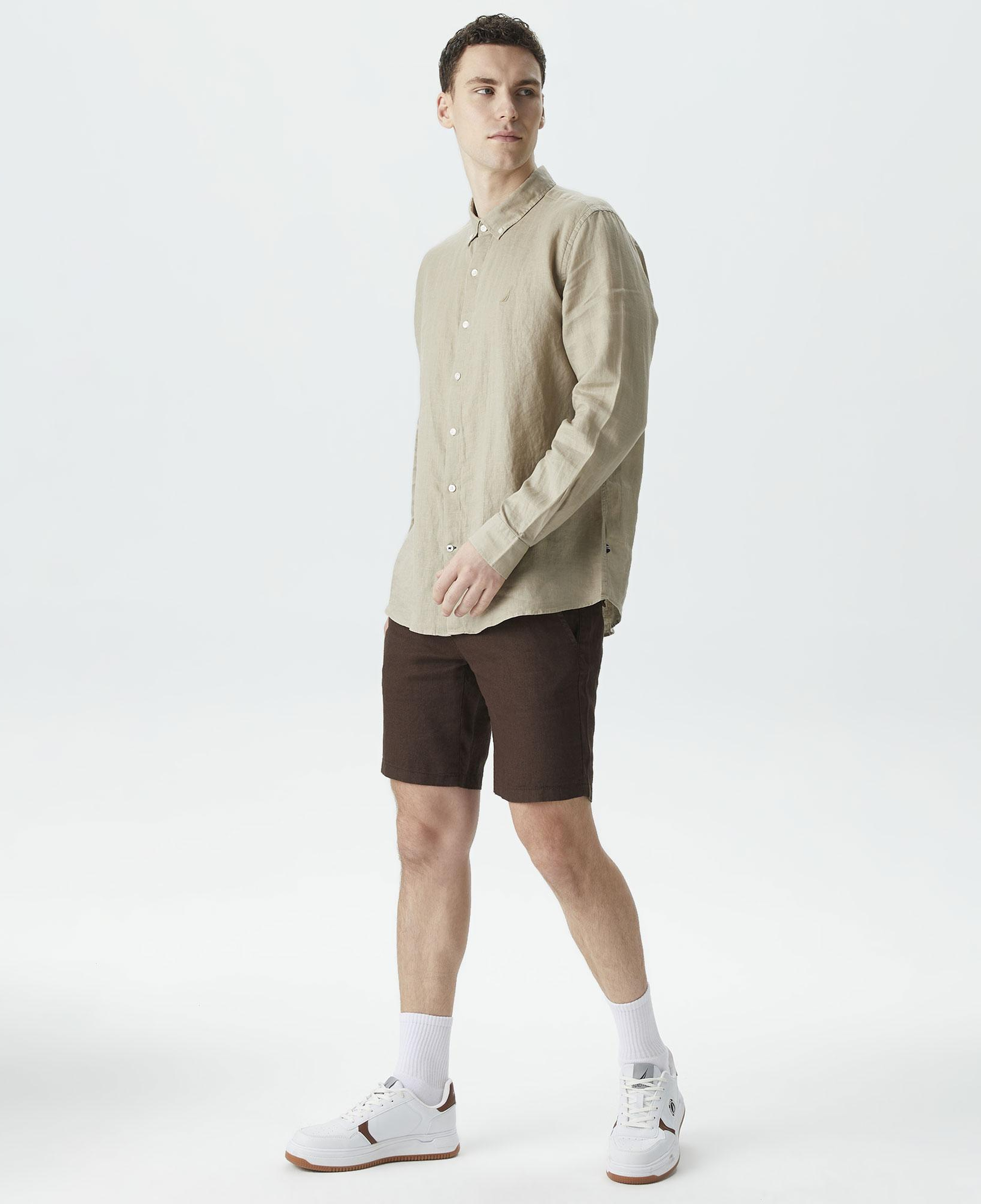 Nautica Erkek Bej Classic Fit Uzun Kollu Keten Gömlek
