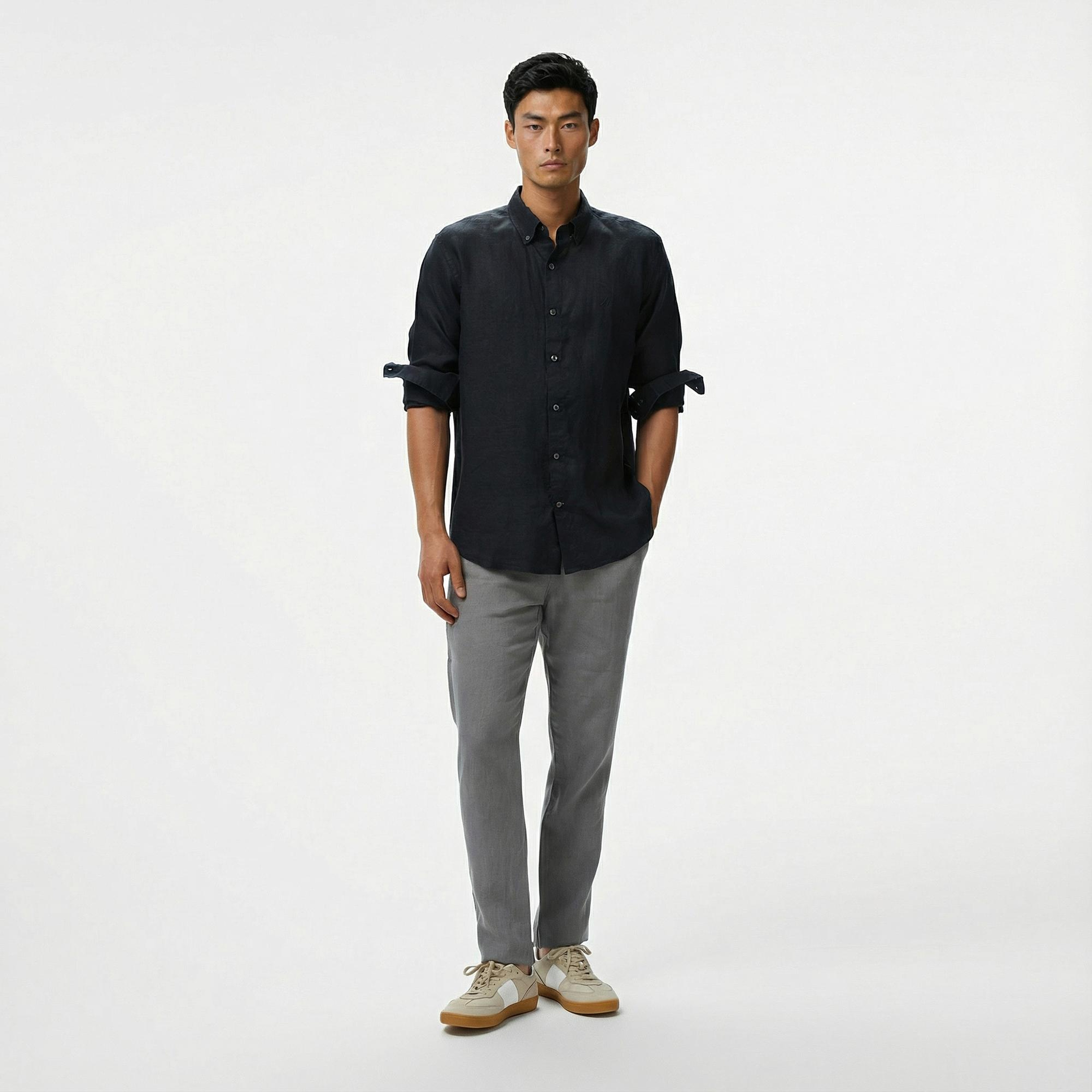 Nautica Erkek Siyah Classic Fit Keten Gömlek