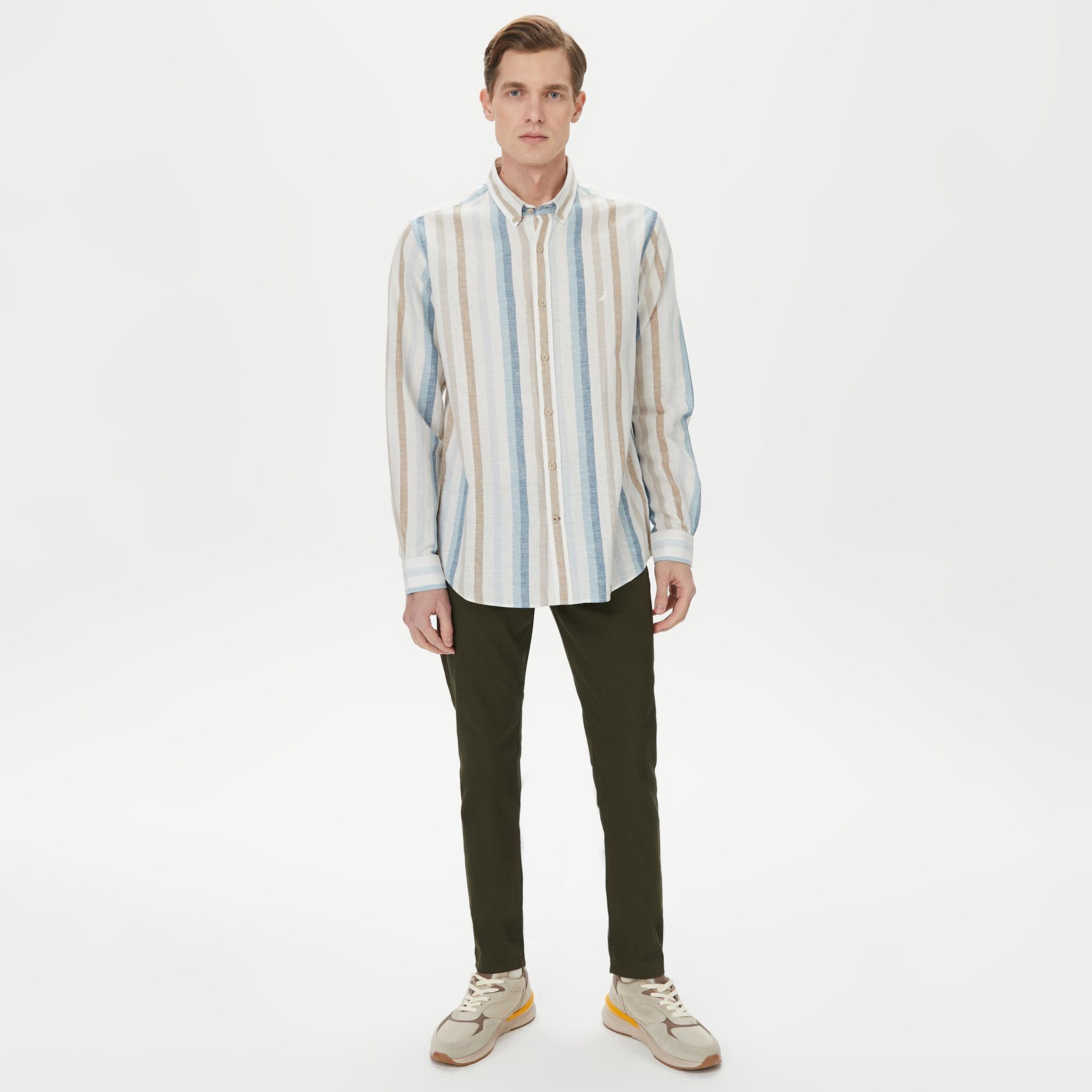 Nautica Erkek Mavi Classic Fit Uzun Kollu Çizgili Gömlek