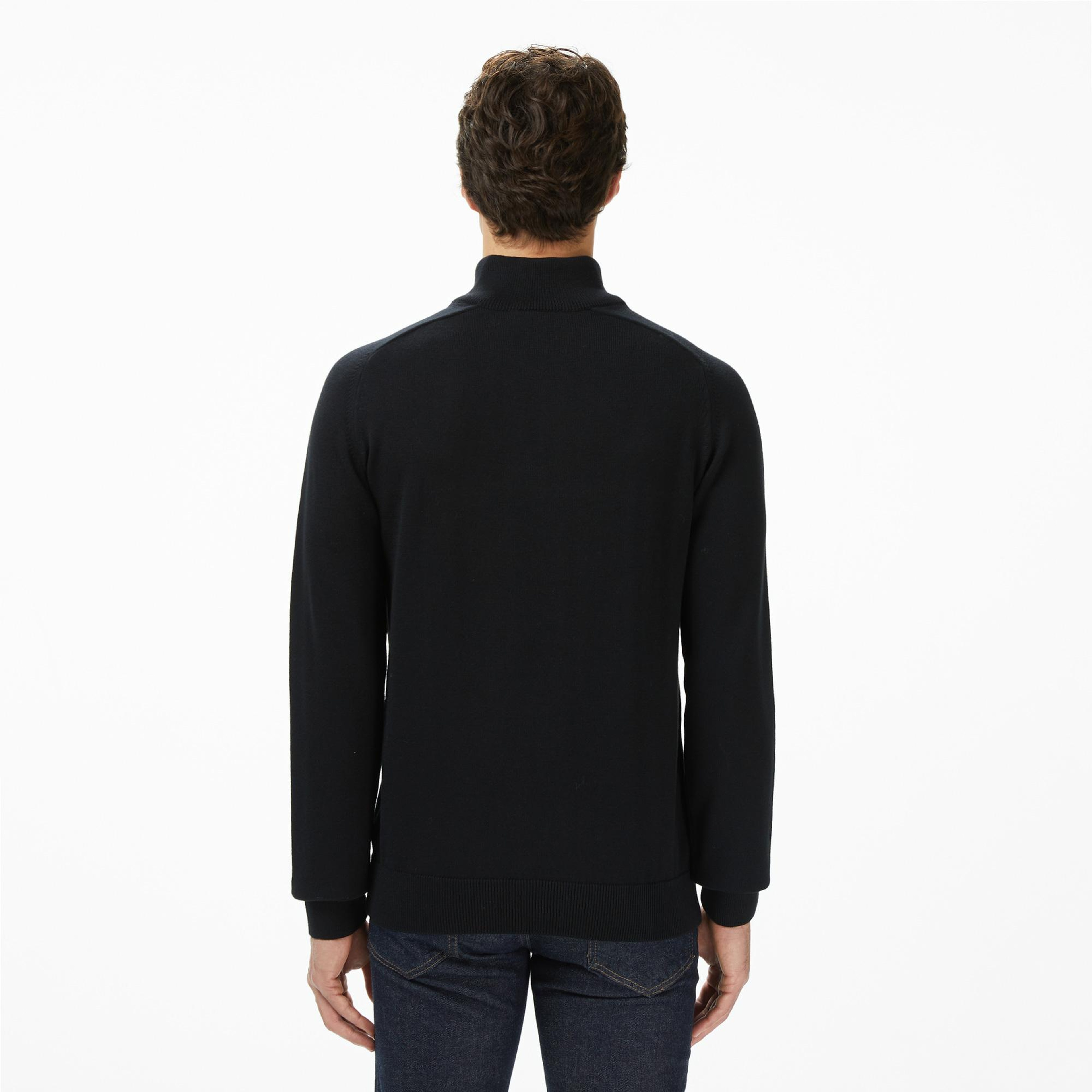 Lacoste Erkek Classic Fit Yarım Fermuarlı Çizgili Siyah Kazak