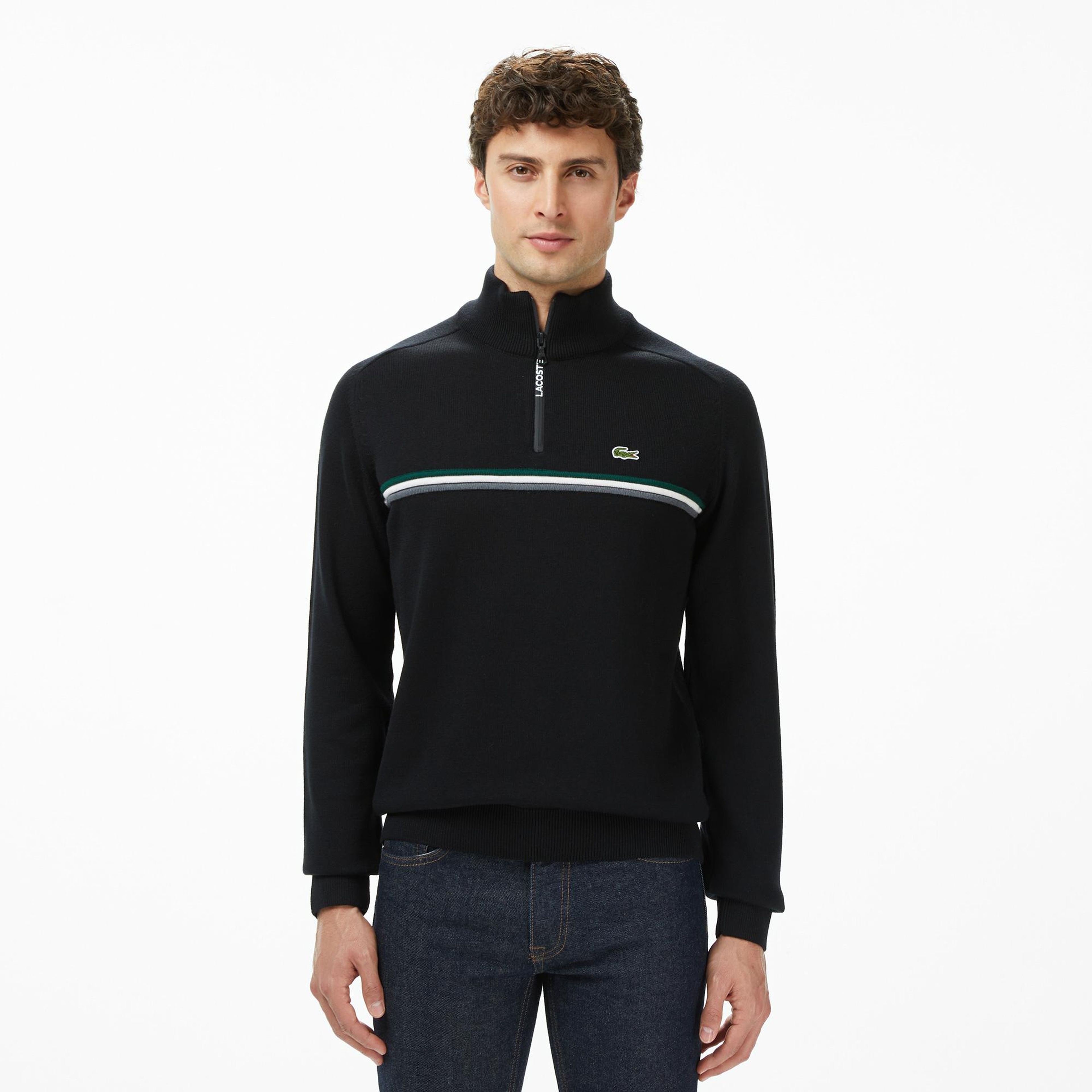 Lacoste Erkek Classic Fit Yarım Fermuarlı Çizgili Siyah Kazak