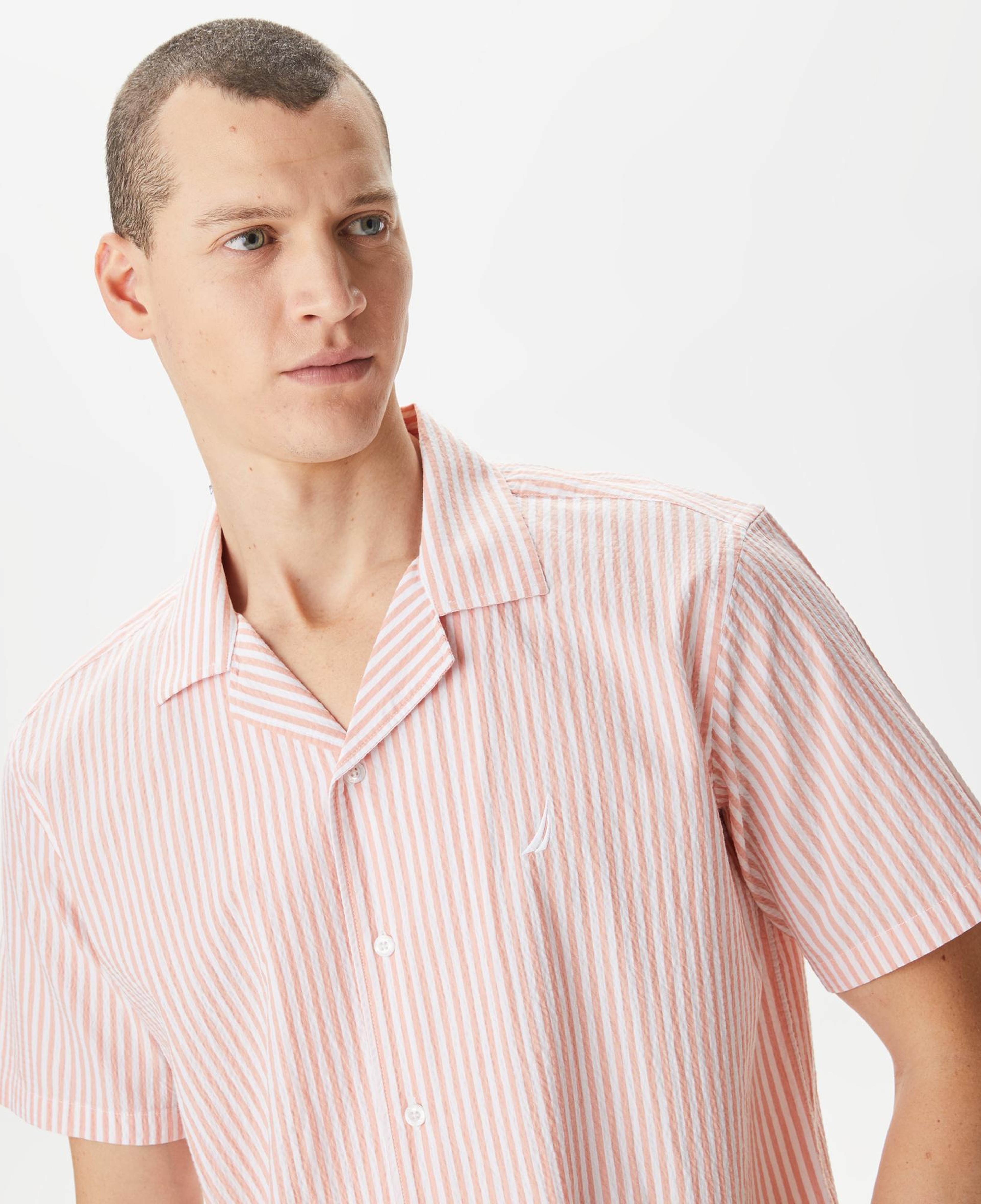 Nautica Erkek Turuncu Classic Fit Kısa Kollu Çizgili Gömlek