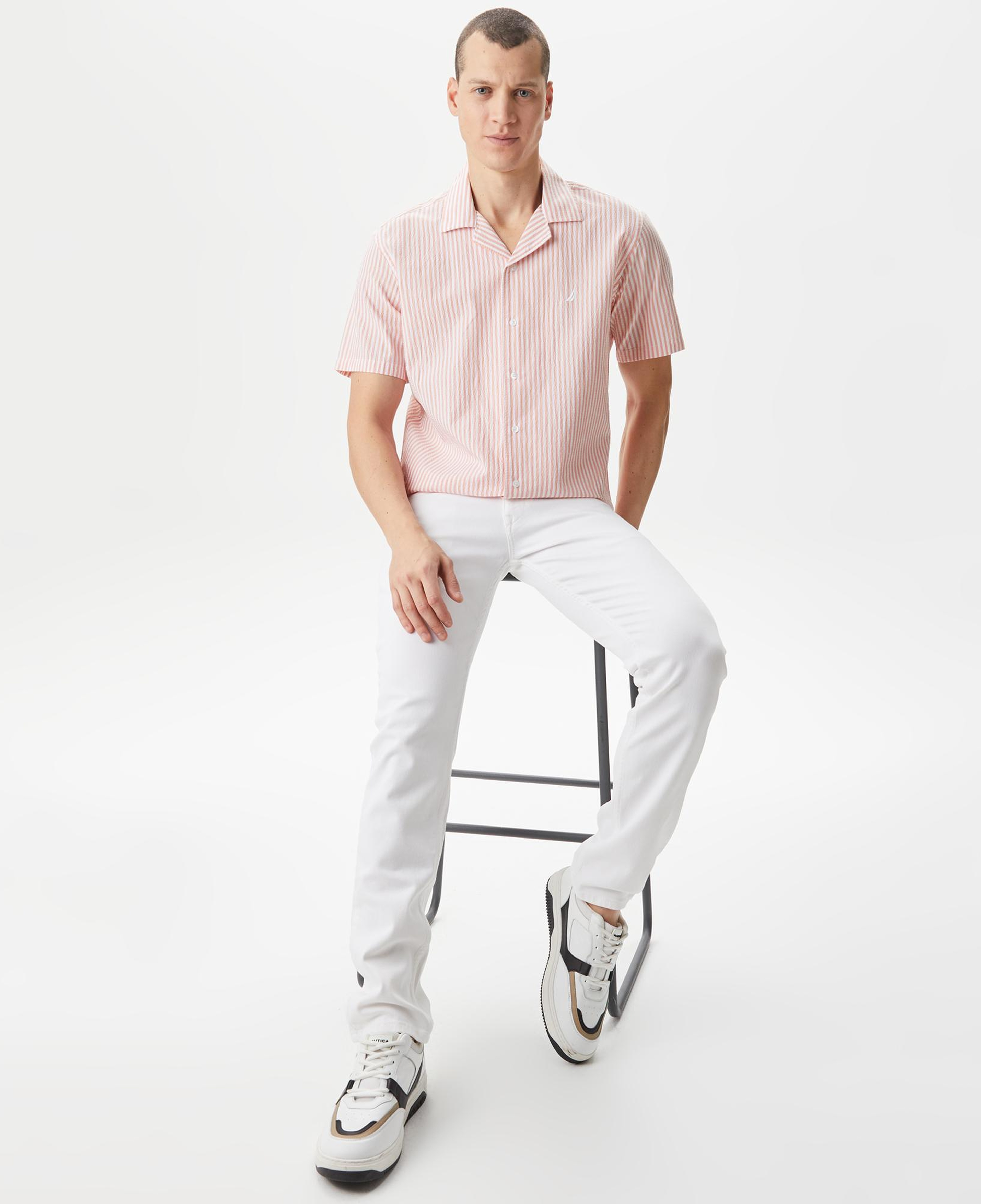 Nautica Erkek Turuncu Classic Fit Kısa Kollu Çizgili Gömlek