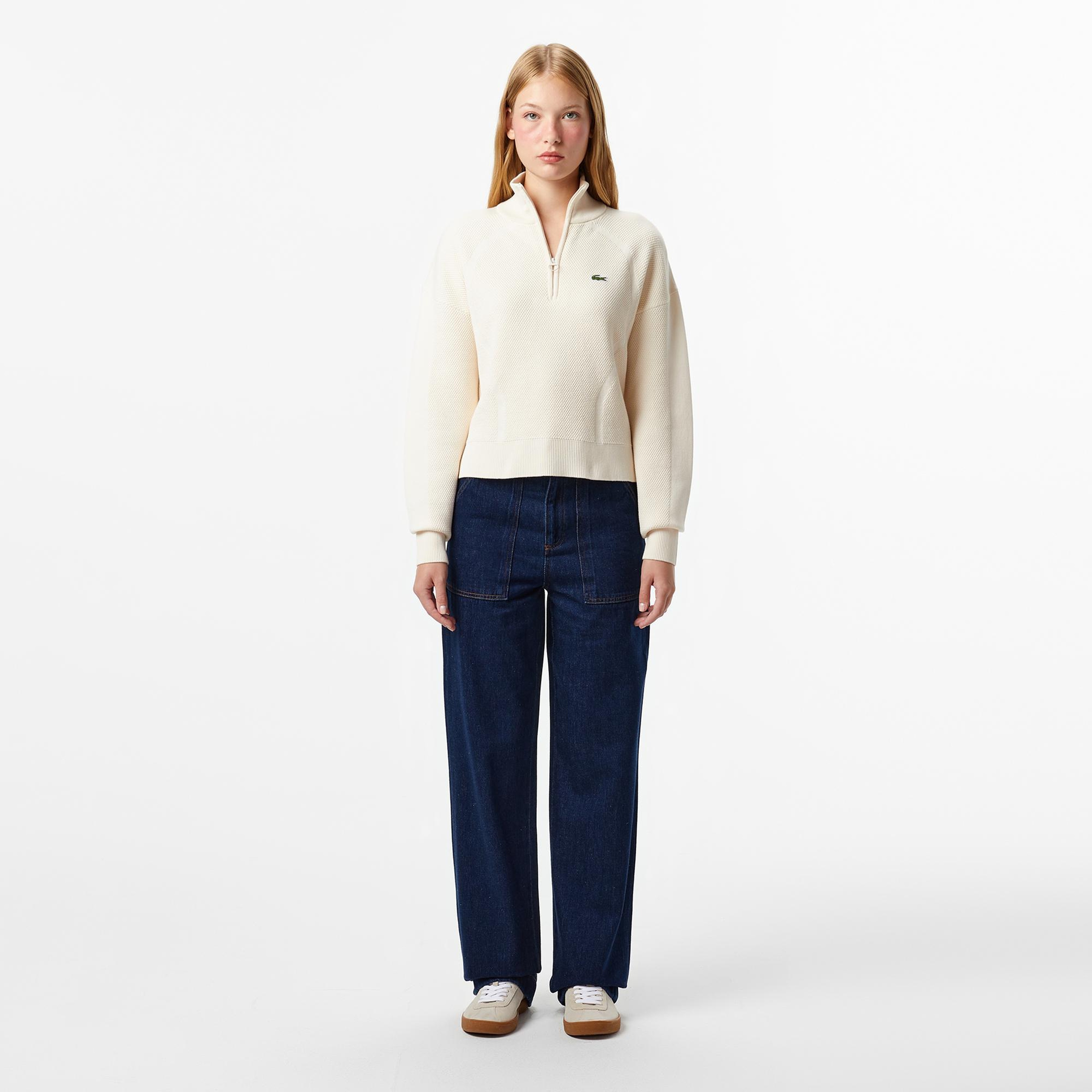 Lacoste Kadın Relaxed Fit Yarım Fermuarlı Krem Kazak