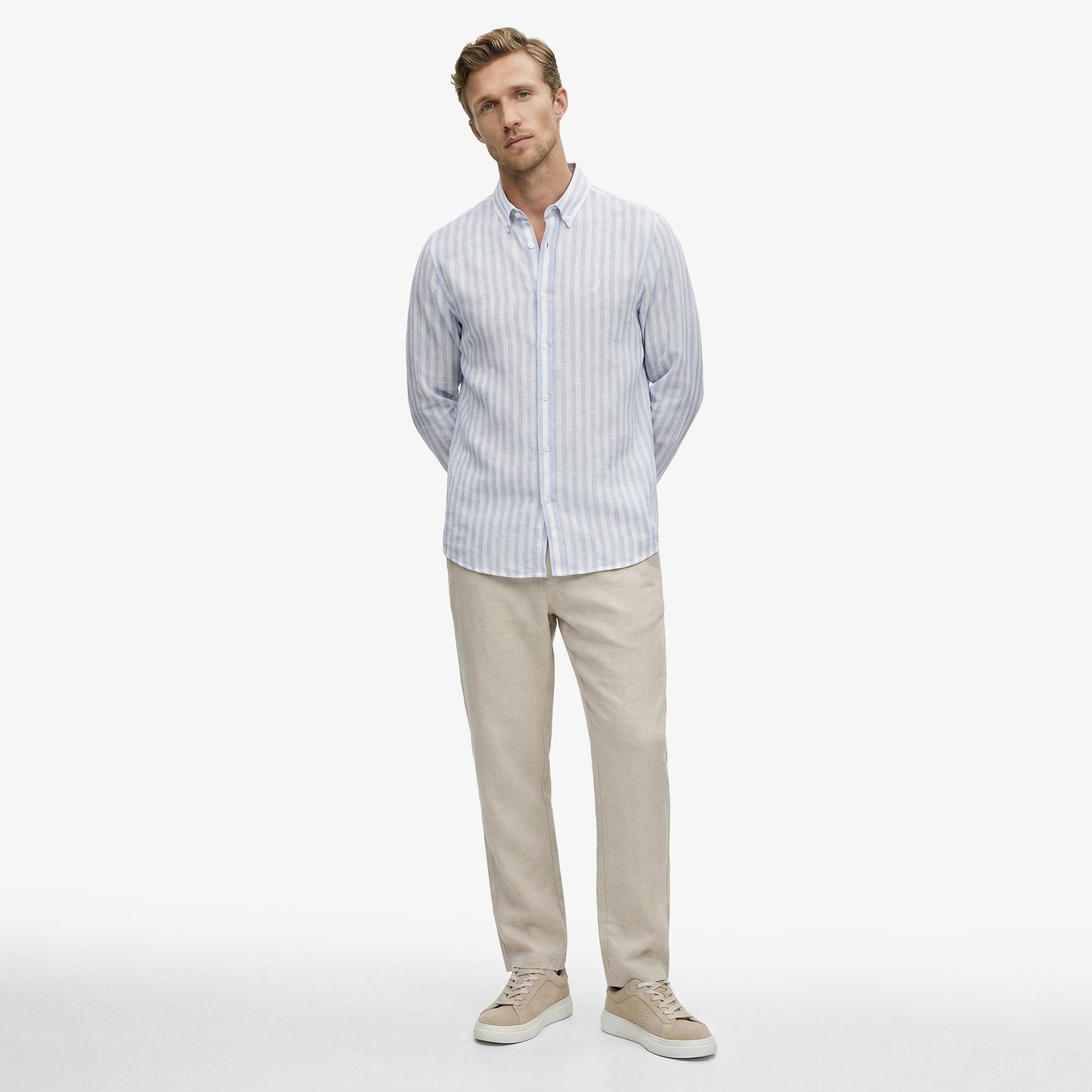 Nautica Erkek Mavi Regular Fit Çizgili Keten Gömlek
