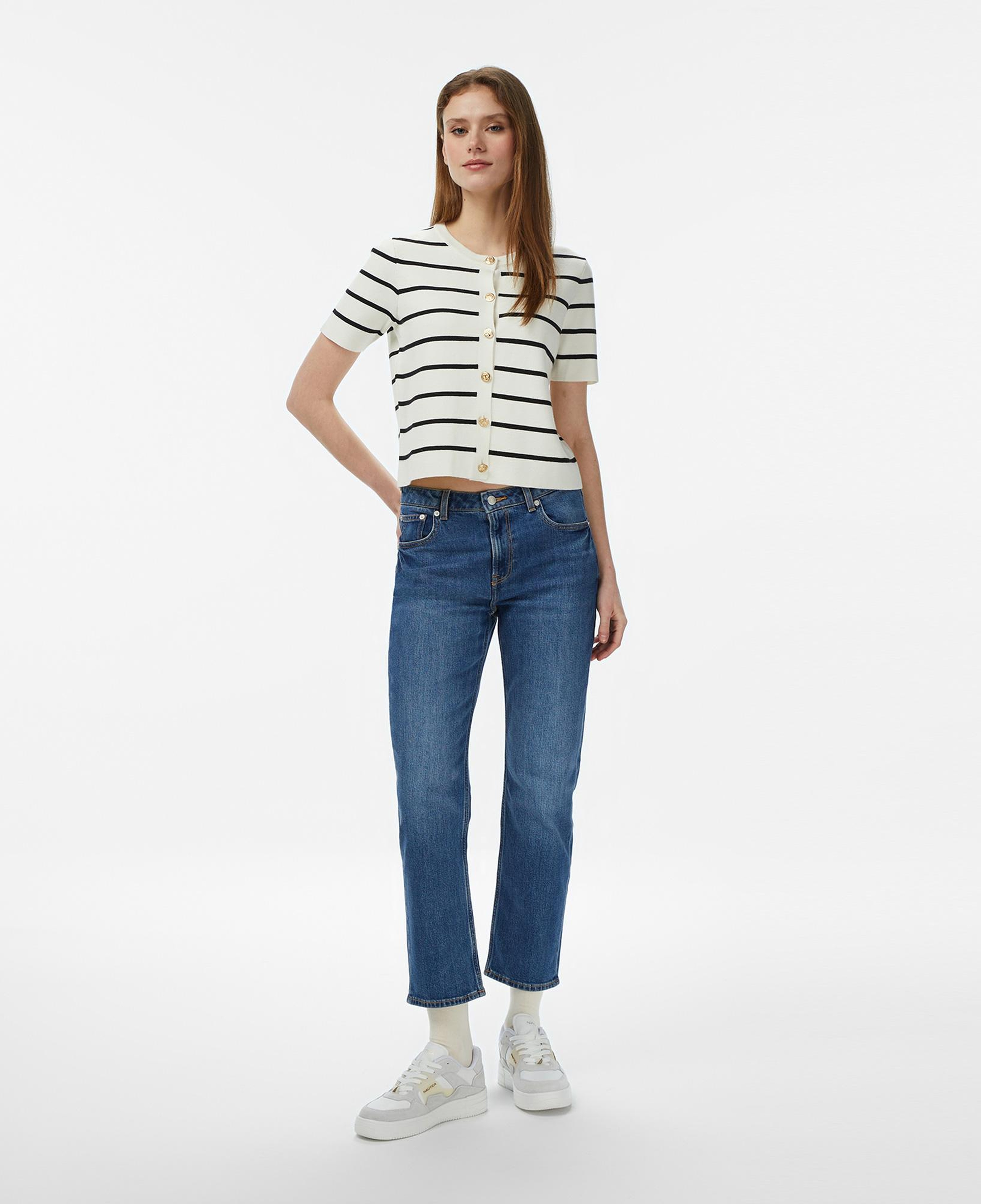 Nautica Kadın Krem Slim Fit Kısa Kollu Çizgili Triko Hırka