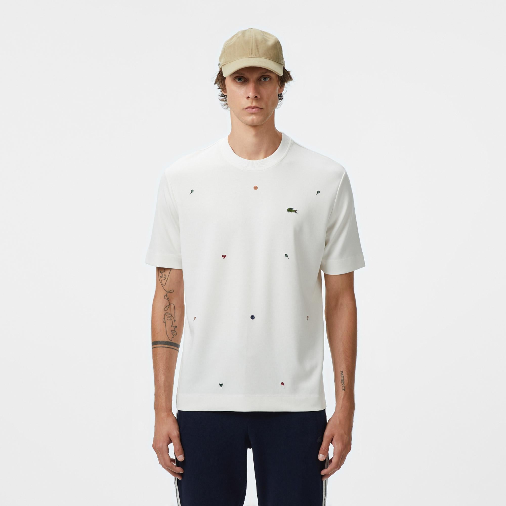 Lacoste Erkek Loose Fit Bisiklet Yaka Desenli Beyaz T-Shirt