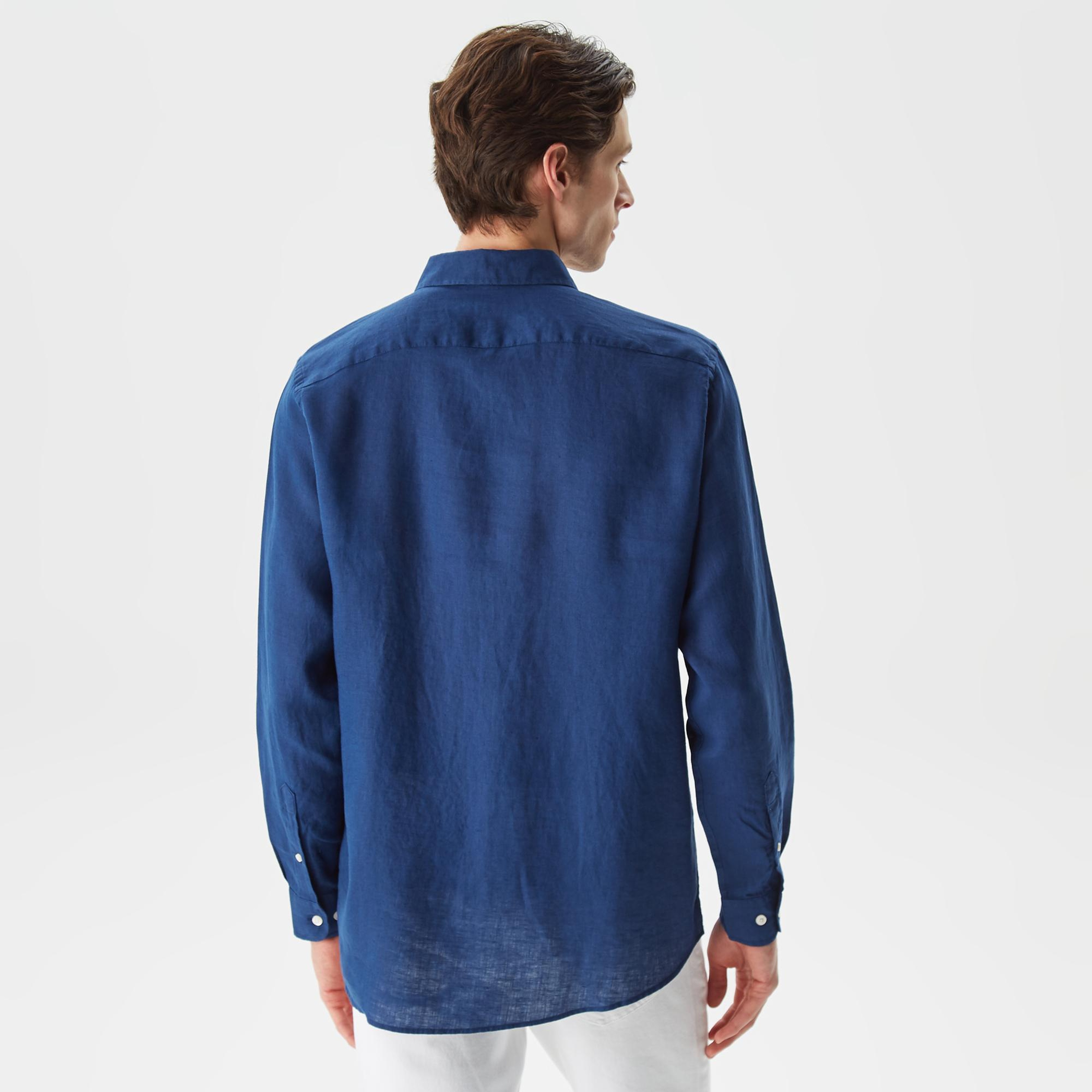 Nautica Erkek Lacivert Classic Fit Uzun Kollu Keten Gömlek
