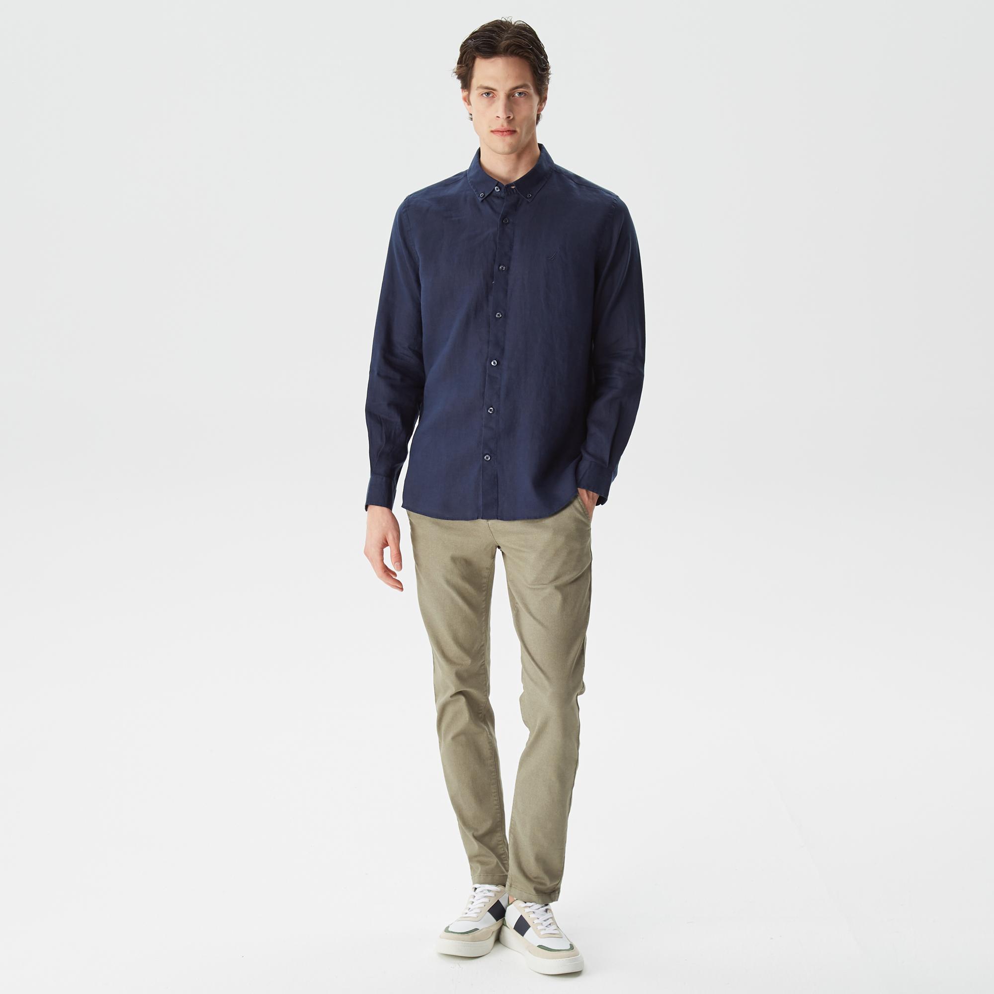 Nautica Erkek Lacivert Classic Fit Uzun Kollu Keten Gömlek
