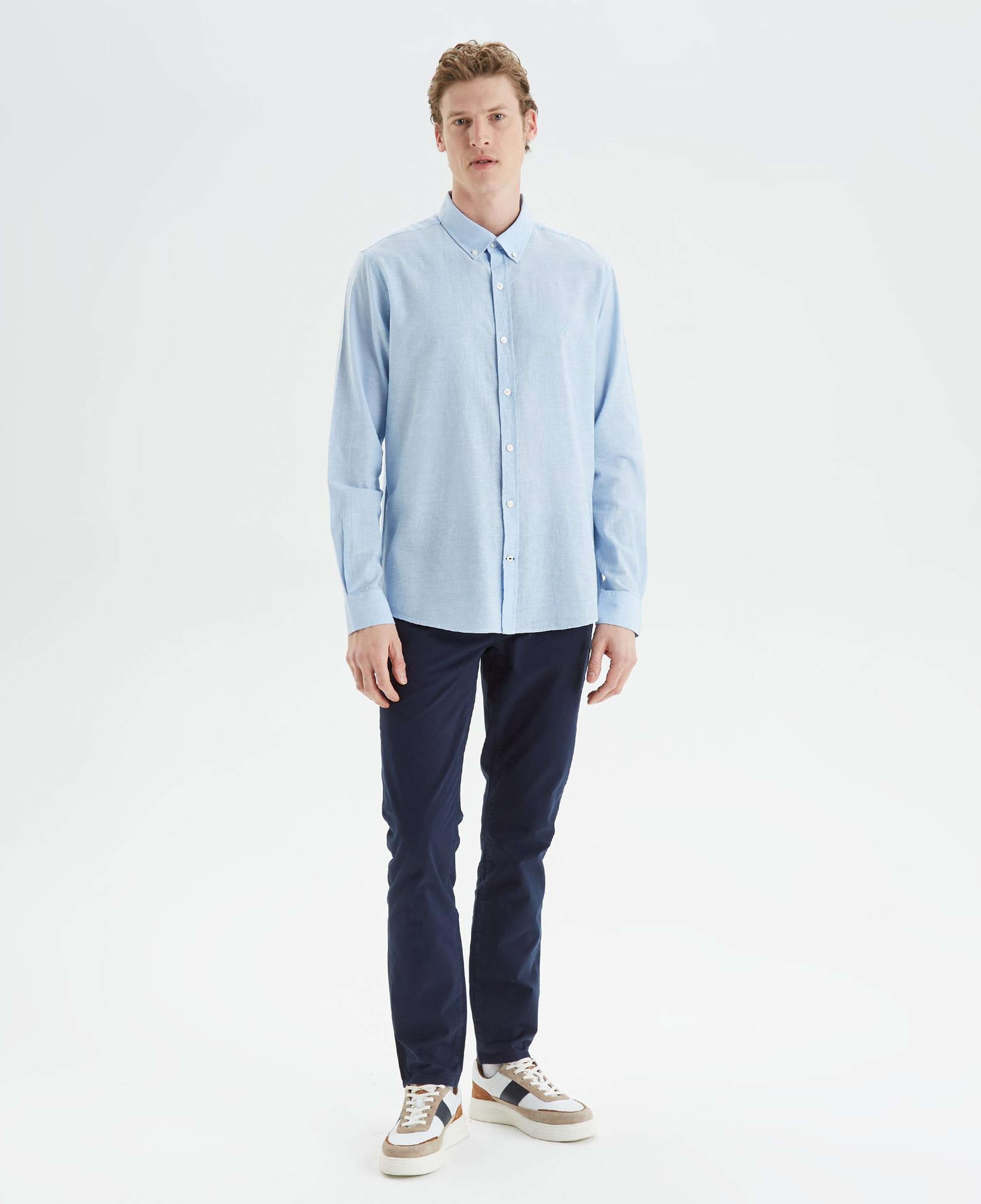 Nautica Erkek Mavi Slim Fit Uzun Kollu Keten Gömlek