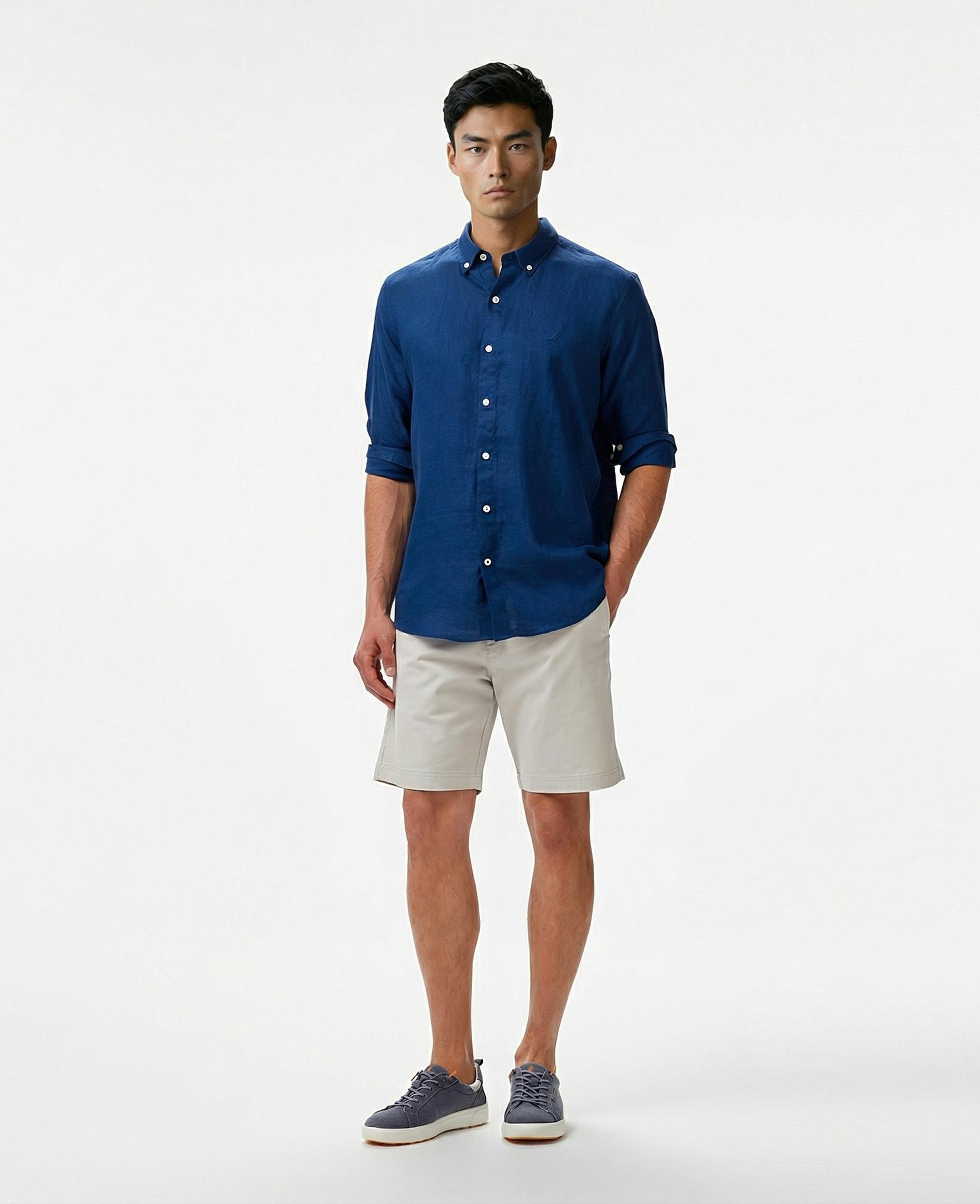 Nautica Erkek Mavi Classic Fit Keten Gömlek