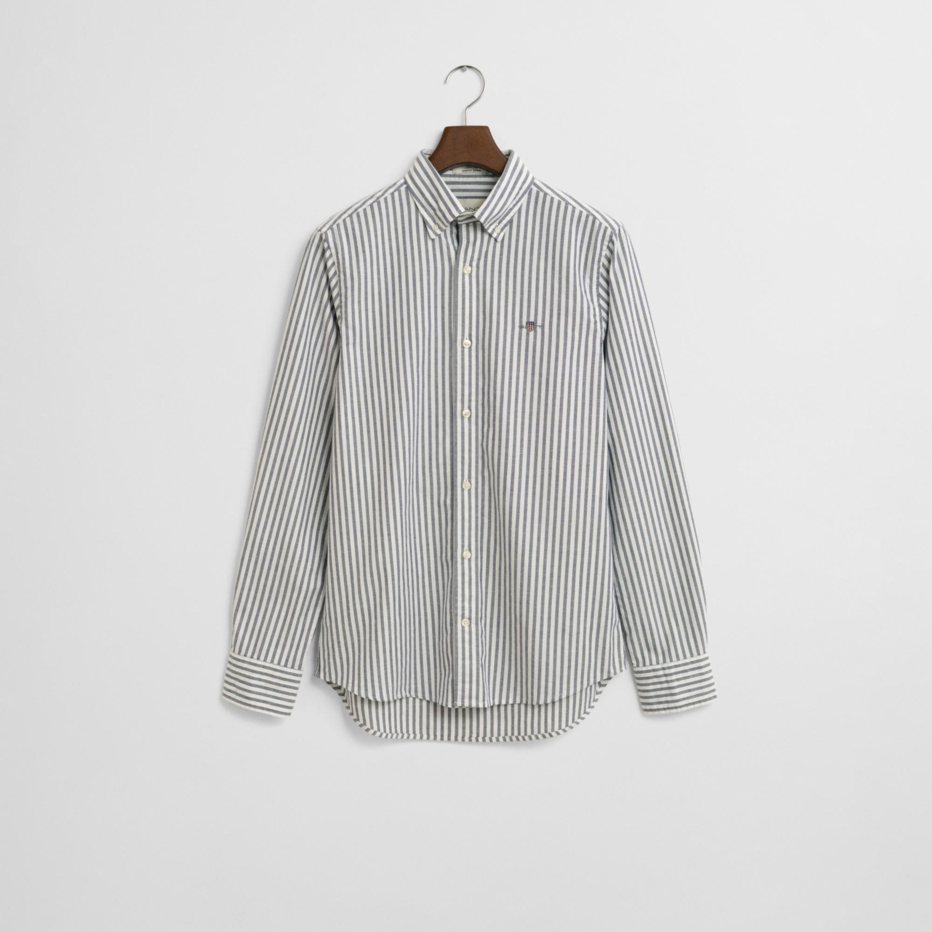 GANT Erkek Mavi Slim Fit Düğmeli Yaka Çizgili Oxford Gömlek
