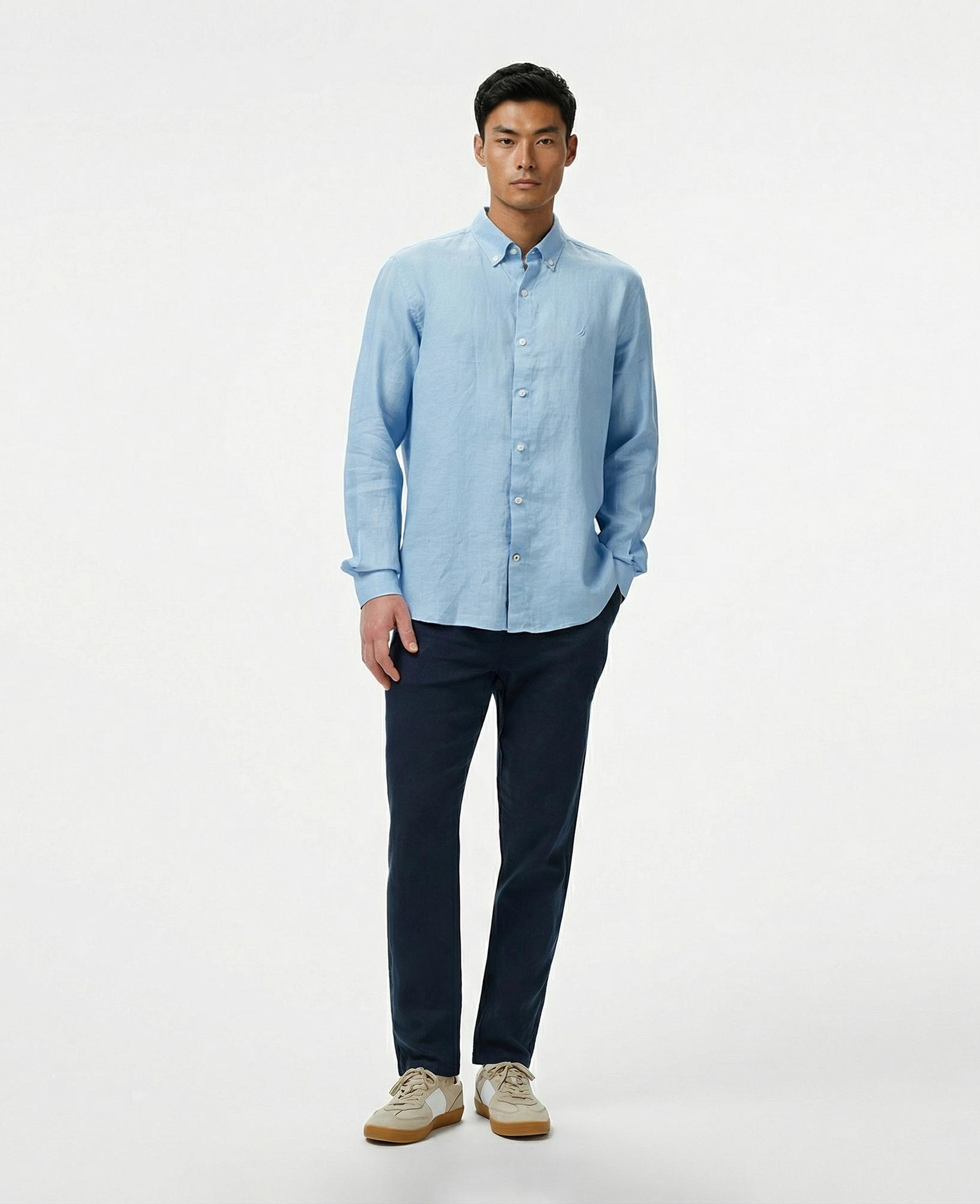 Nautica Erkek Mavi Classic Fit Keten Gömlek