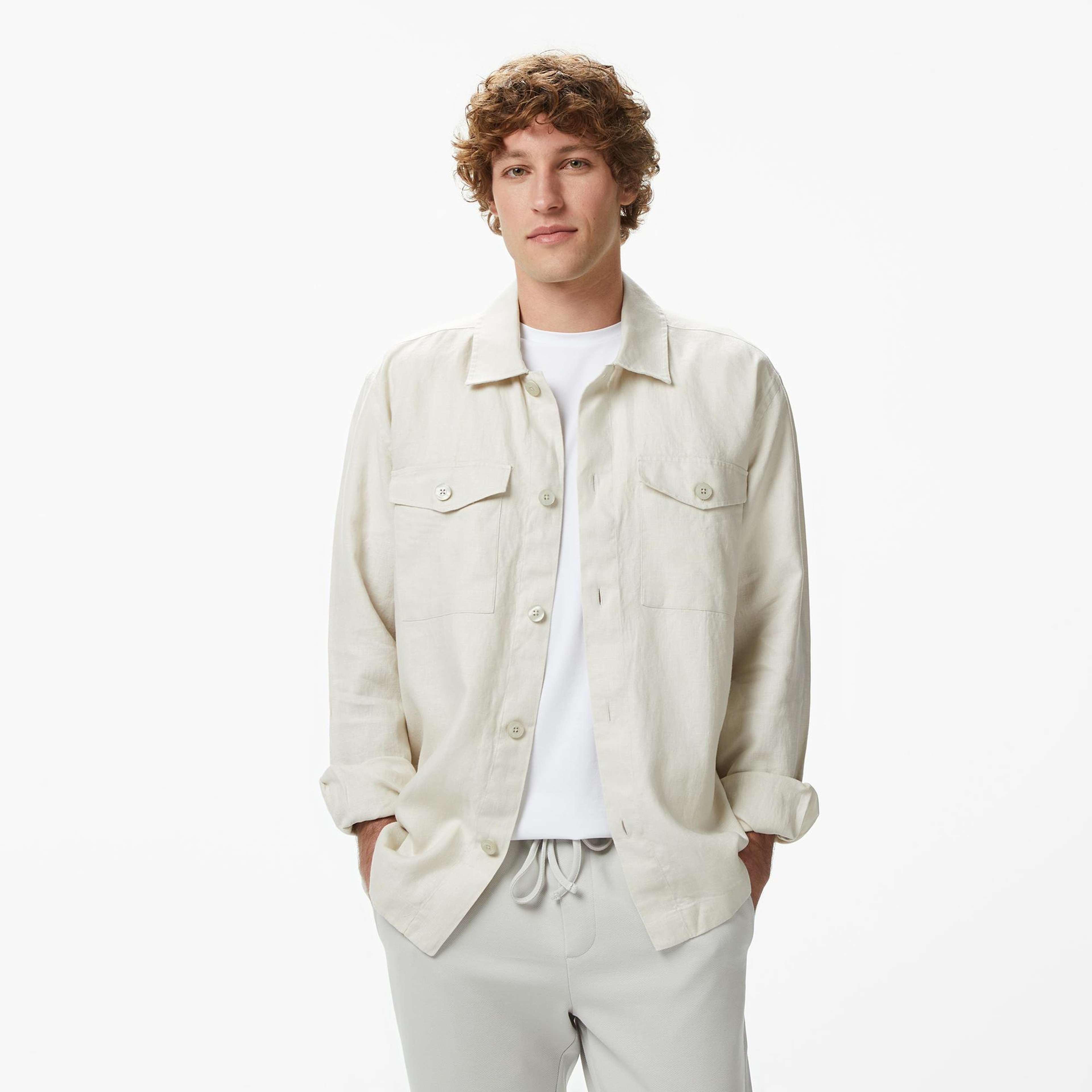 Nautica Erkek Krem Regular Fit Keten Gömlek