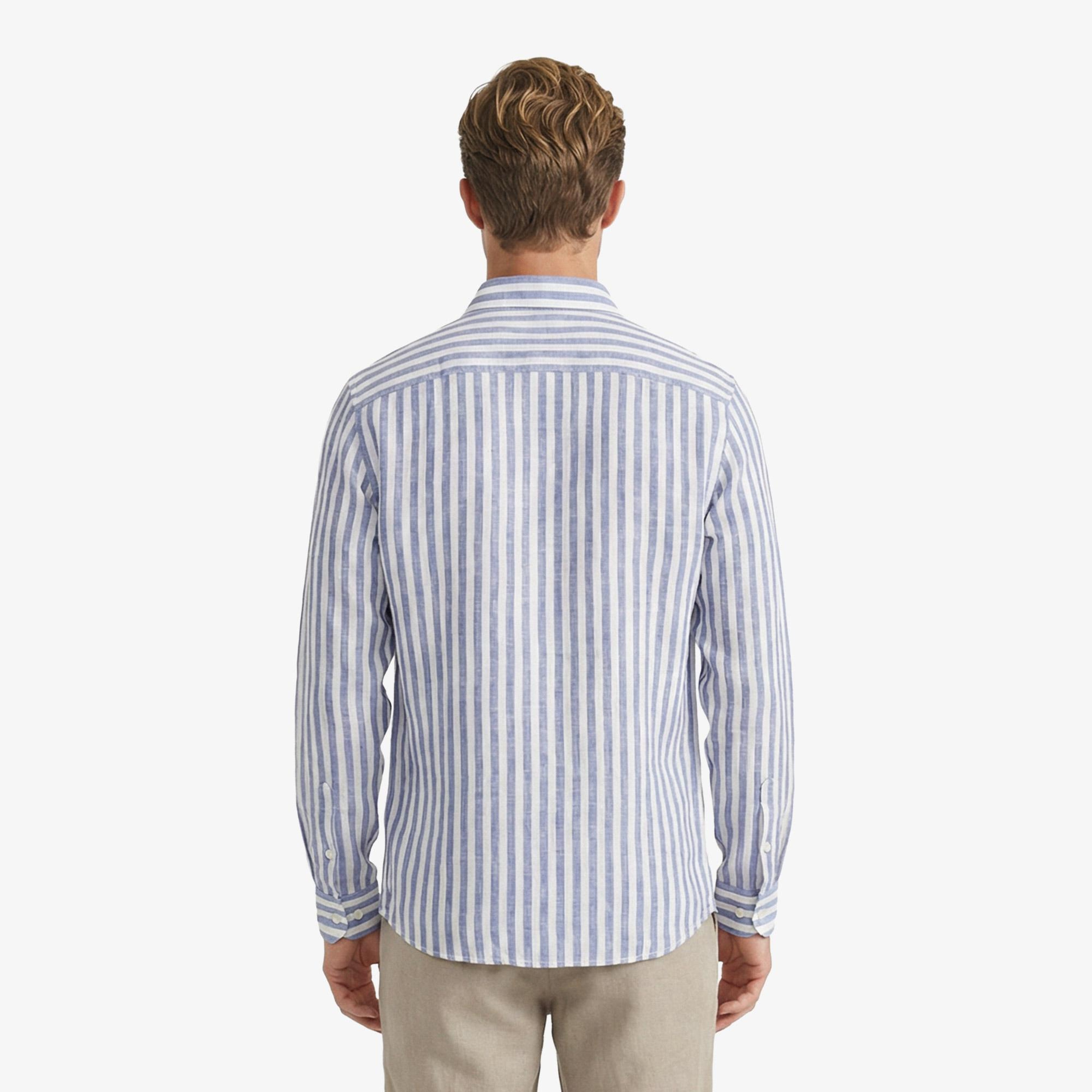 Nautica Erkek Mavi Regular Fit Çizgili Keten Gömlek
