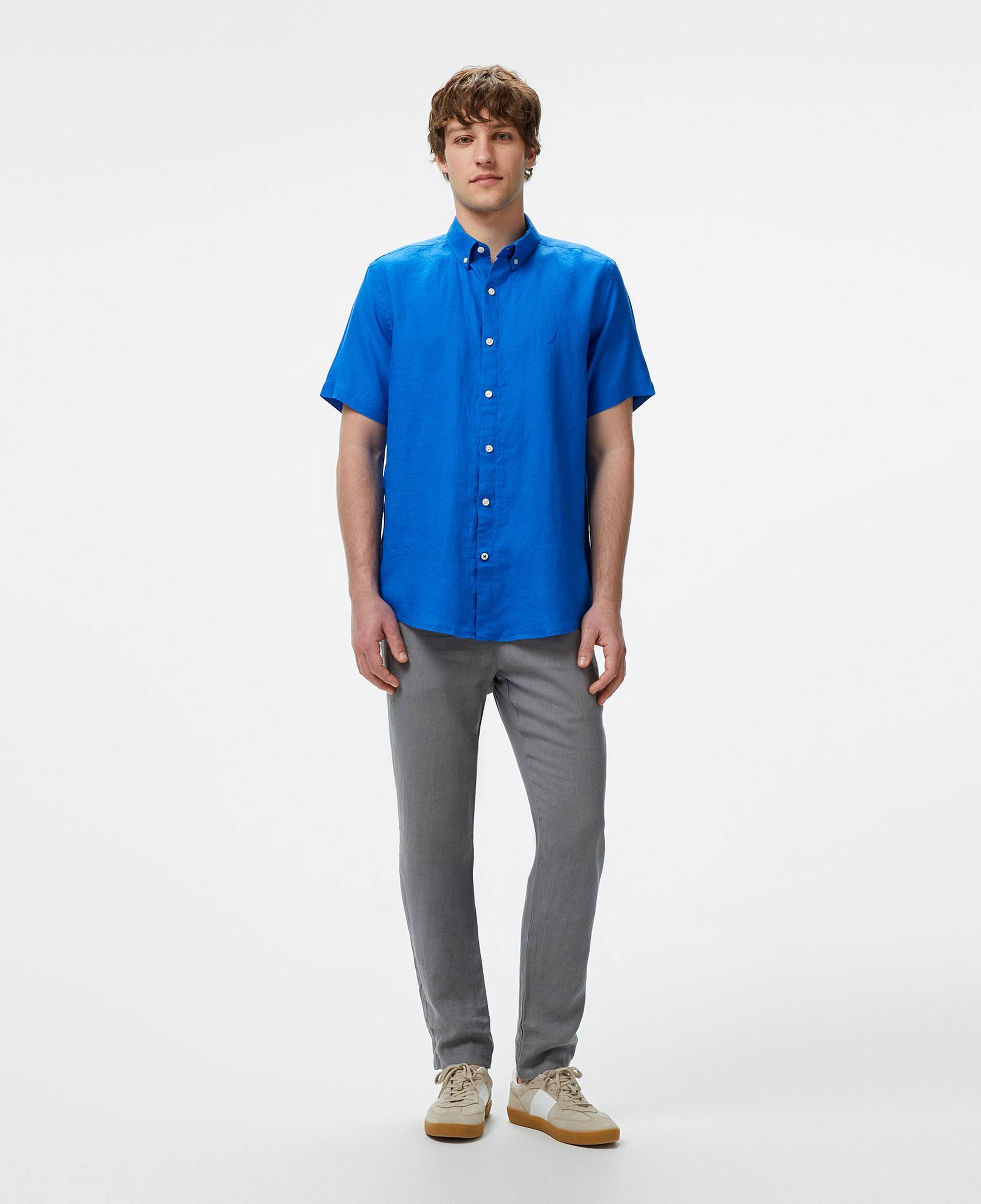 Nautica Erkek Mavi Classic Fit Keten Gömlek