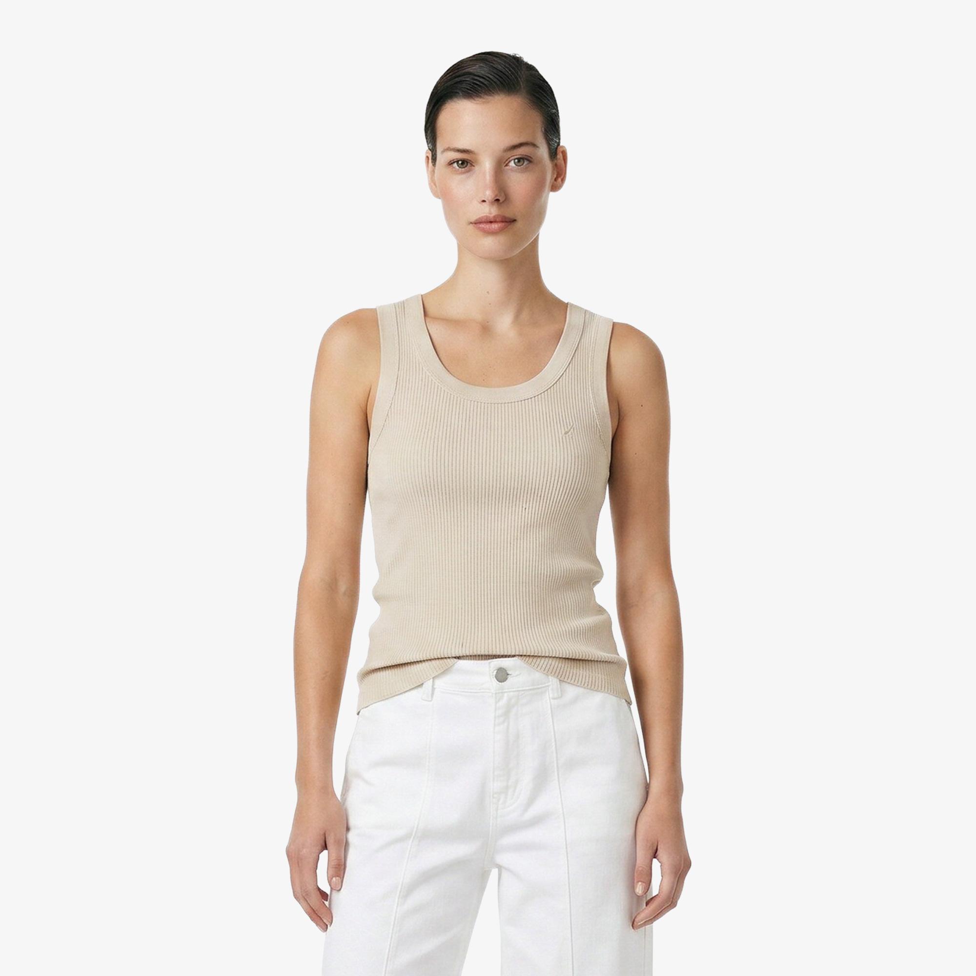Nautica Kadın Bej Slim Fit Kolsuz T-Shirt