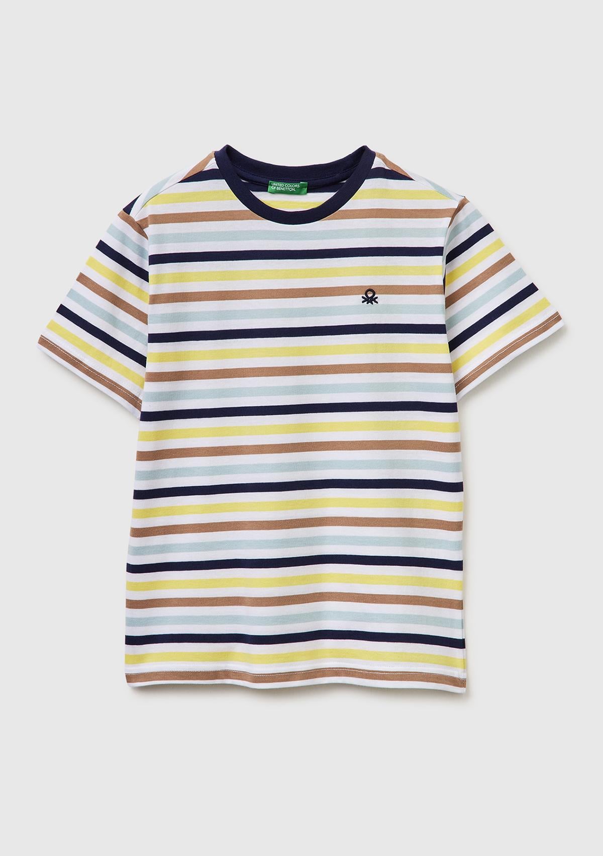 Erkek Çocuk Renkli Mix Çok Renkli Logo İşlemeli Çizgili T-Shirt