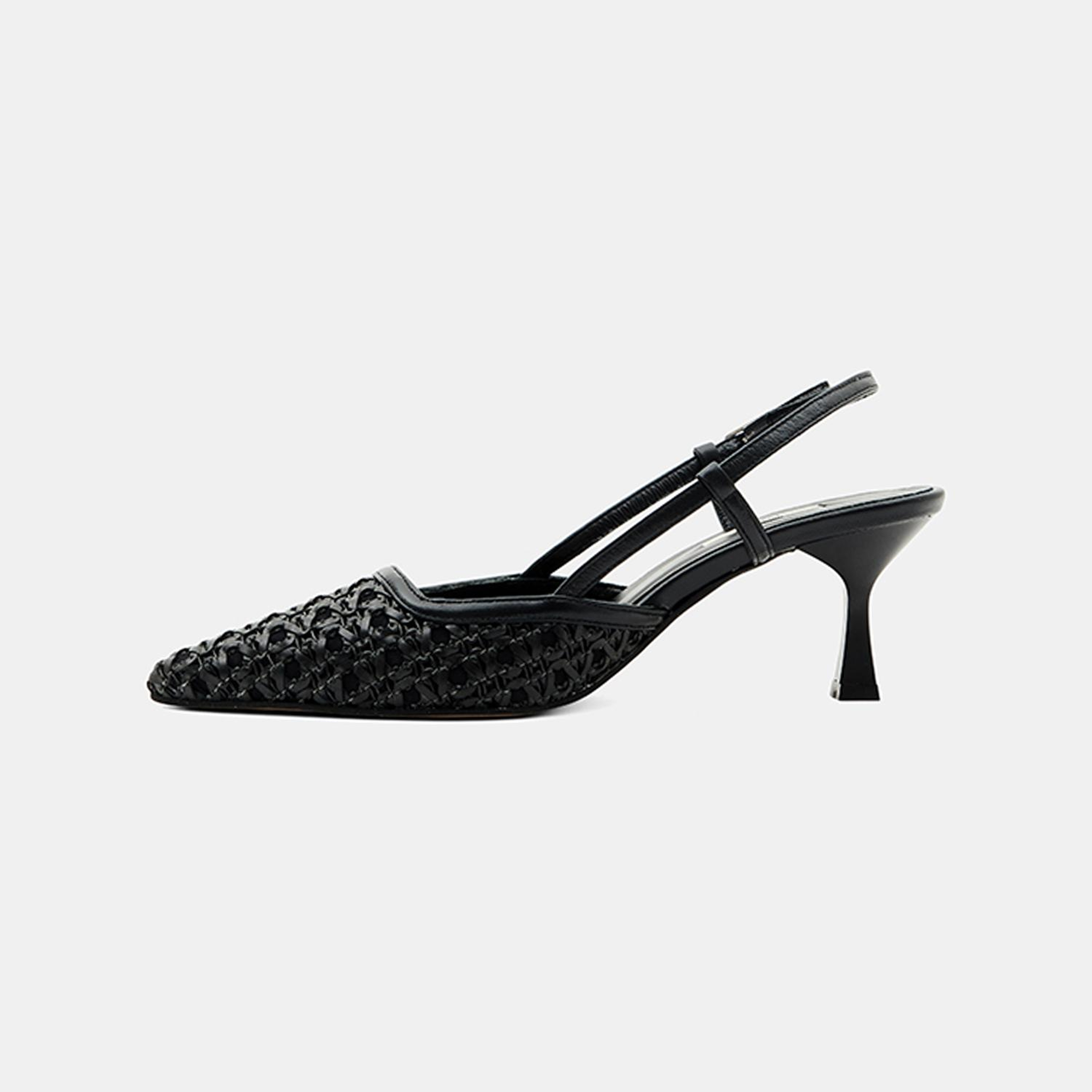 Kadın Siyah Sivri Burunlu Slingback Deri Topuklu Ayakkabı