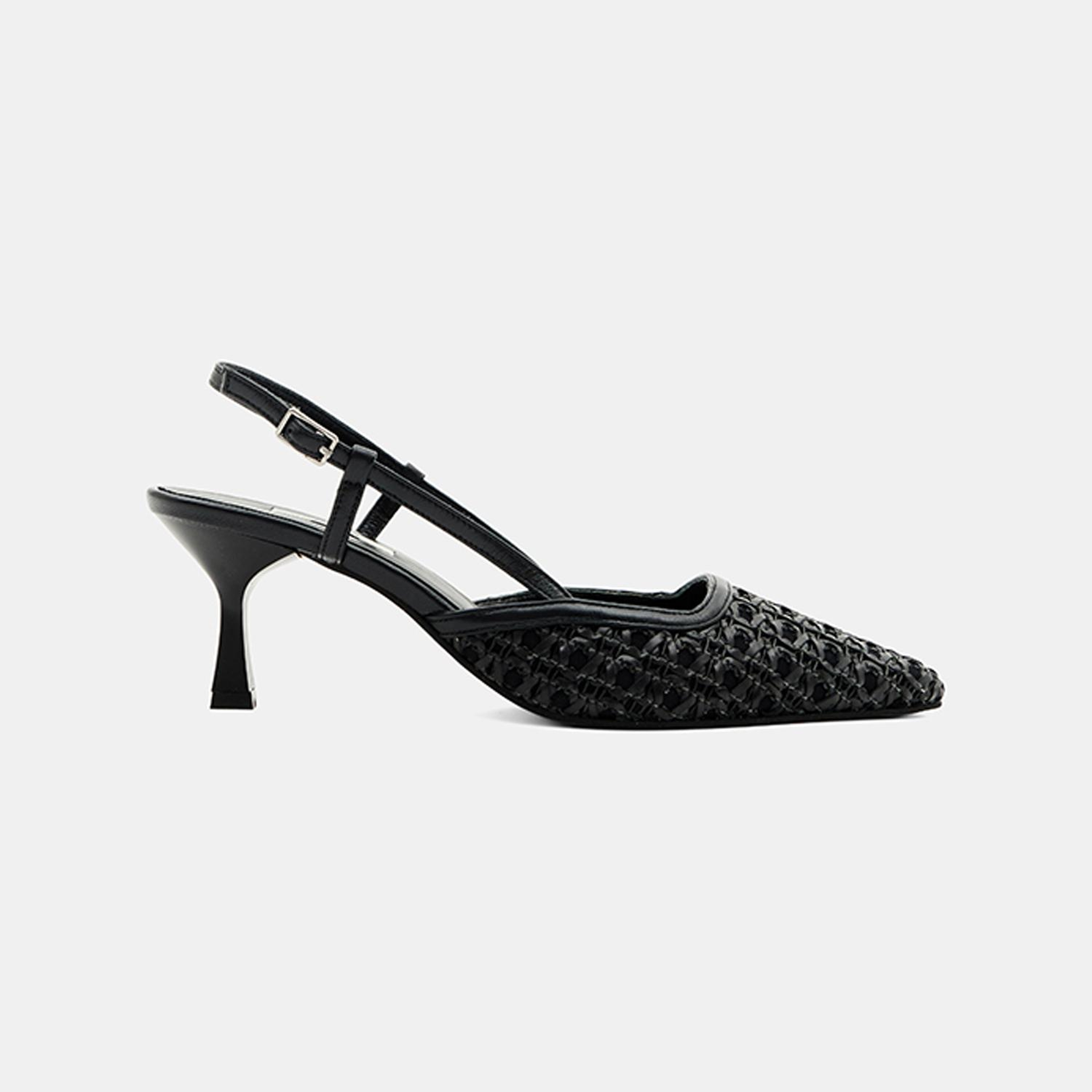 Kadın Siyah Sivri Burunlu Slingback Deri Topuklu Ayakkabı