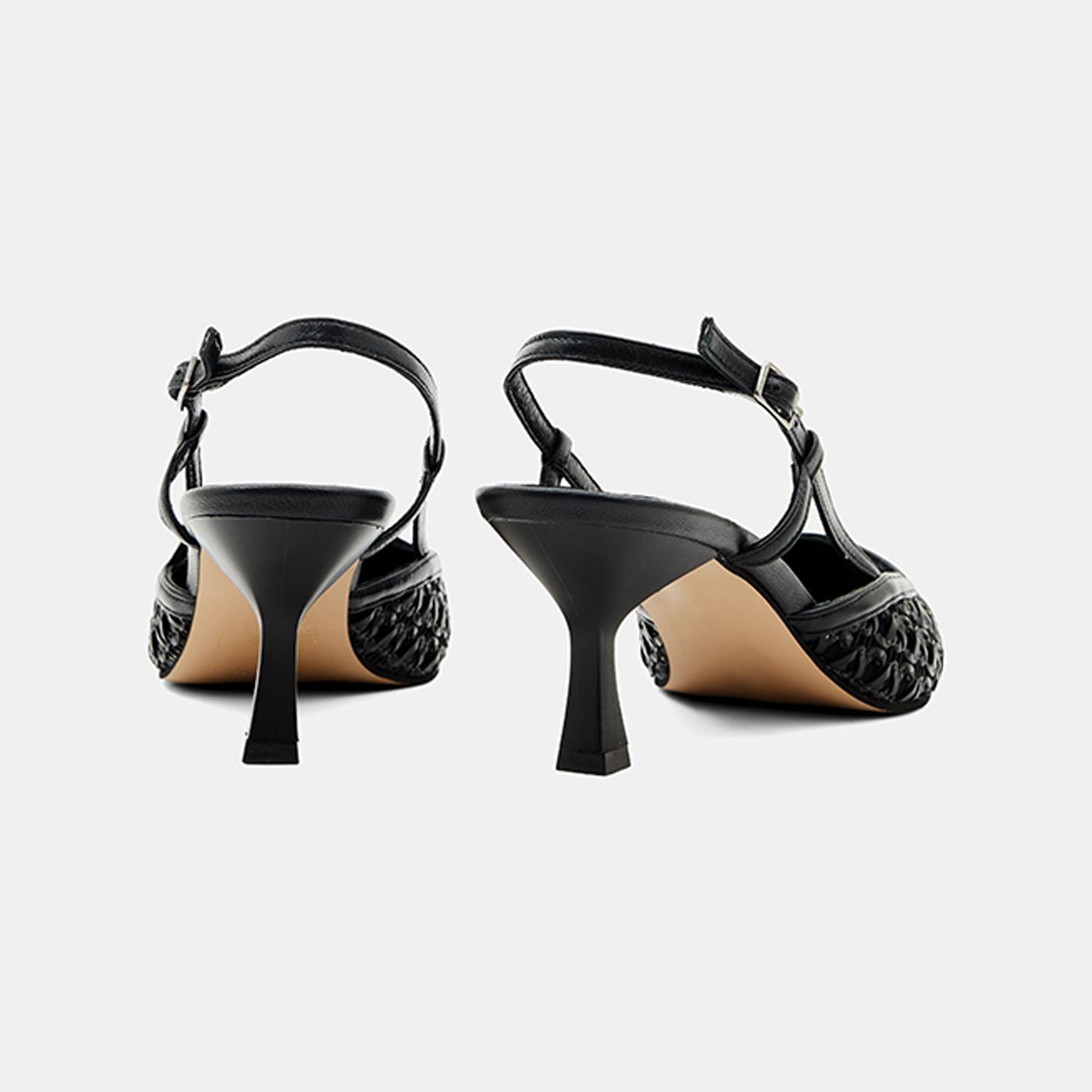 Kadın Siyah Sivri Burunlu Slingback Deri Topuklu Ayakkabı