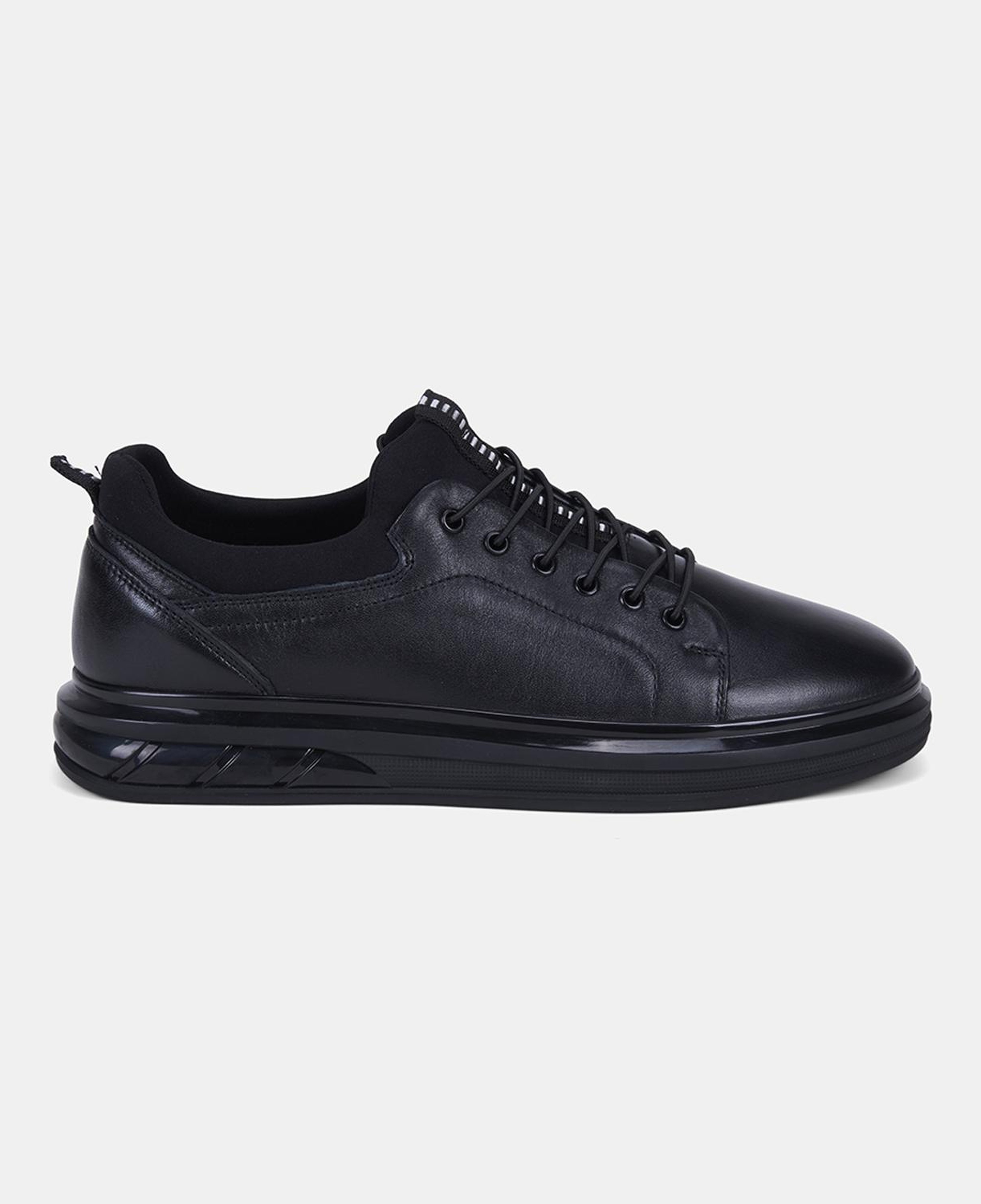 Erkek Siyah Lastik Bağcıklı Deri Sneaker