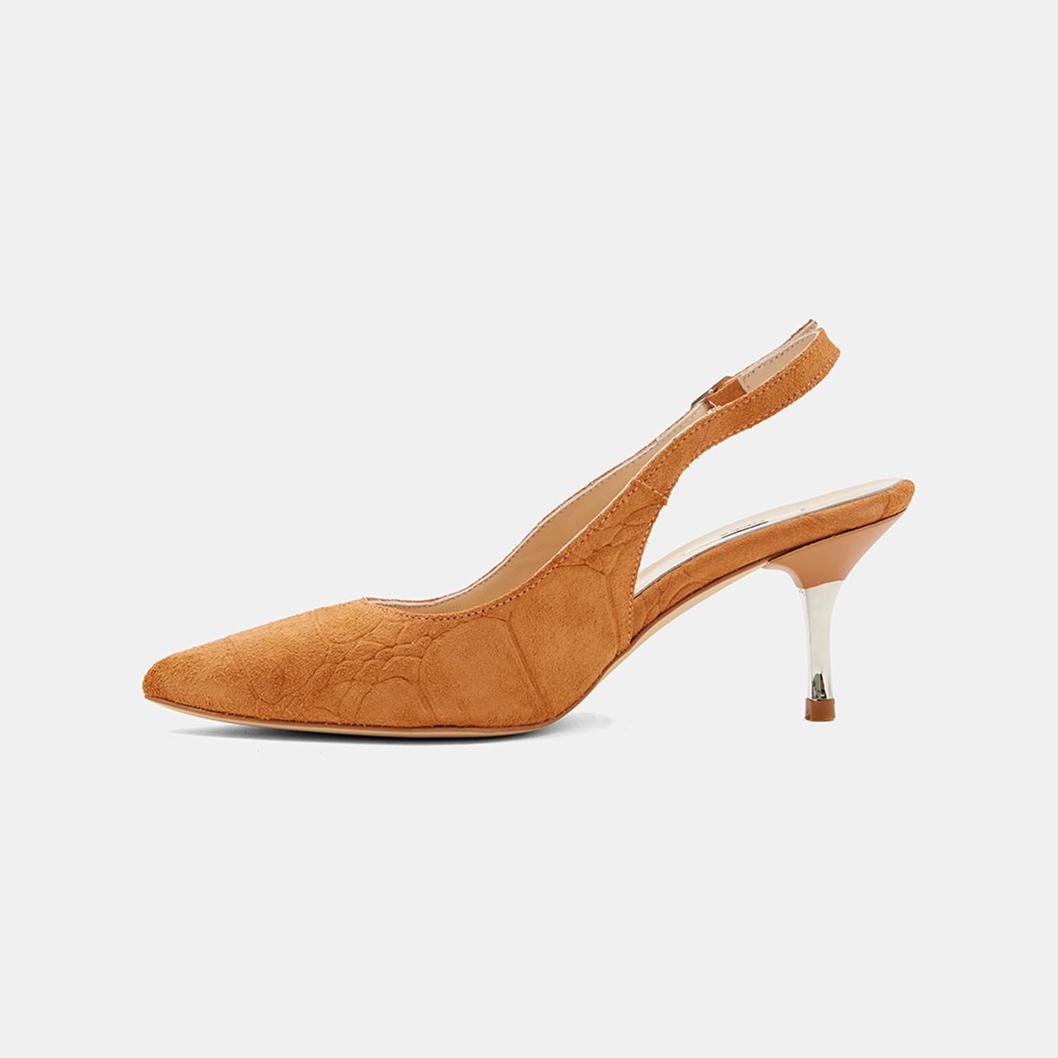 Kadın Turuncu Kroko Desenli Sivri Burunlu Süet Stiletto