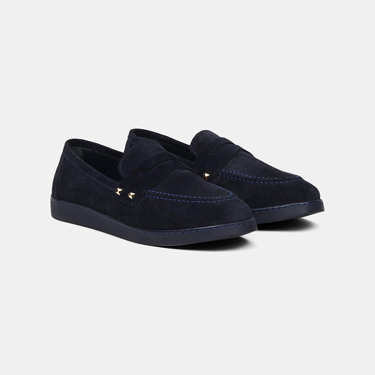 Kadın Lacivert Zımba Detaylı Süet Loafer