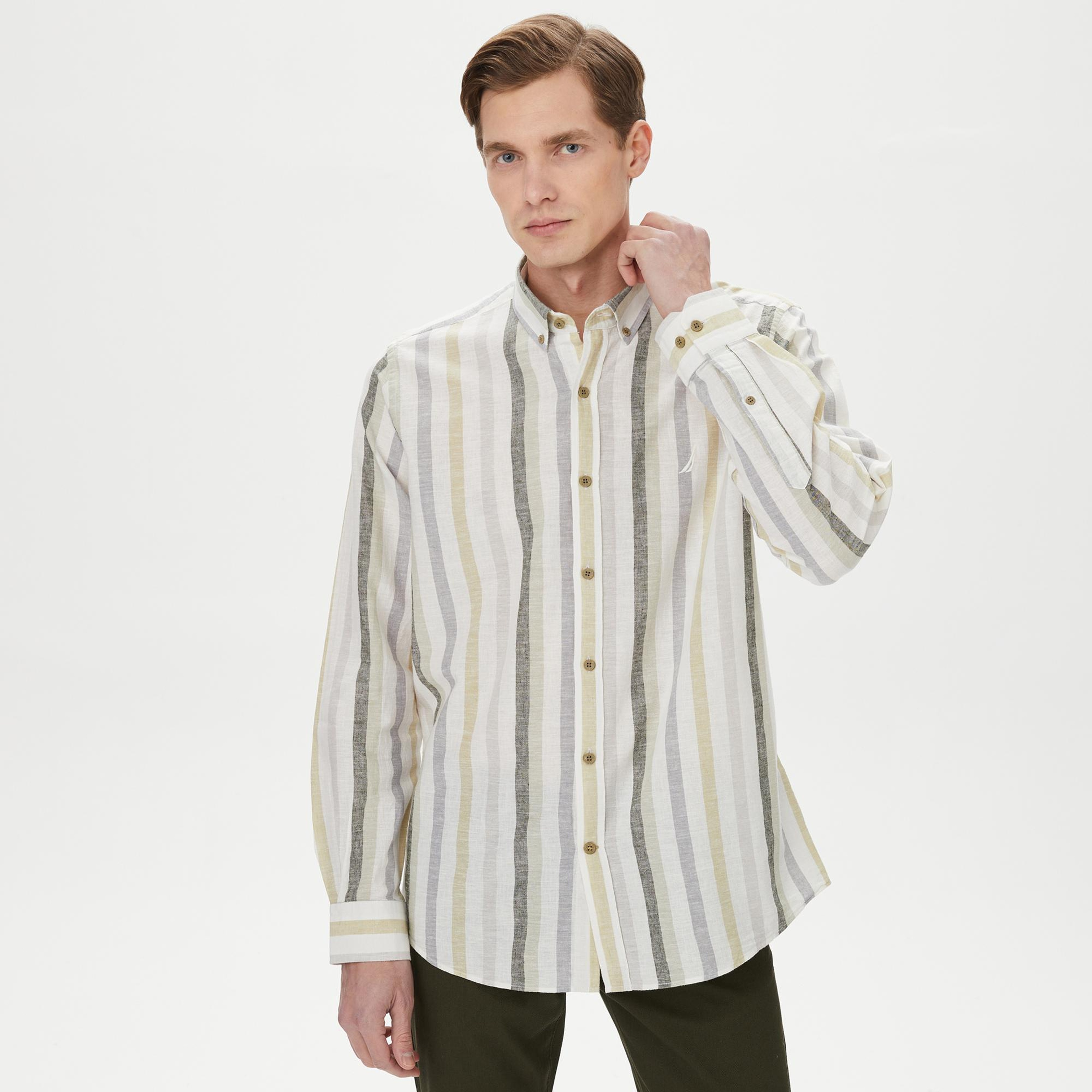 Nautica Erkek Yeşil Classic Fit Uzun Kollu Çizgili Gömlek