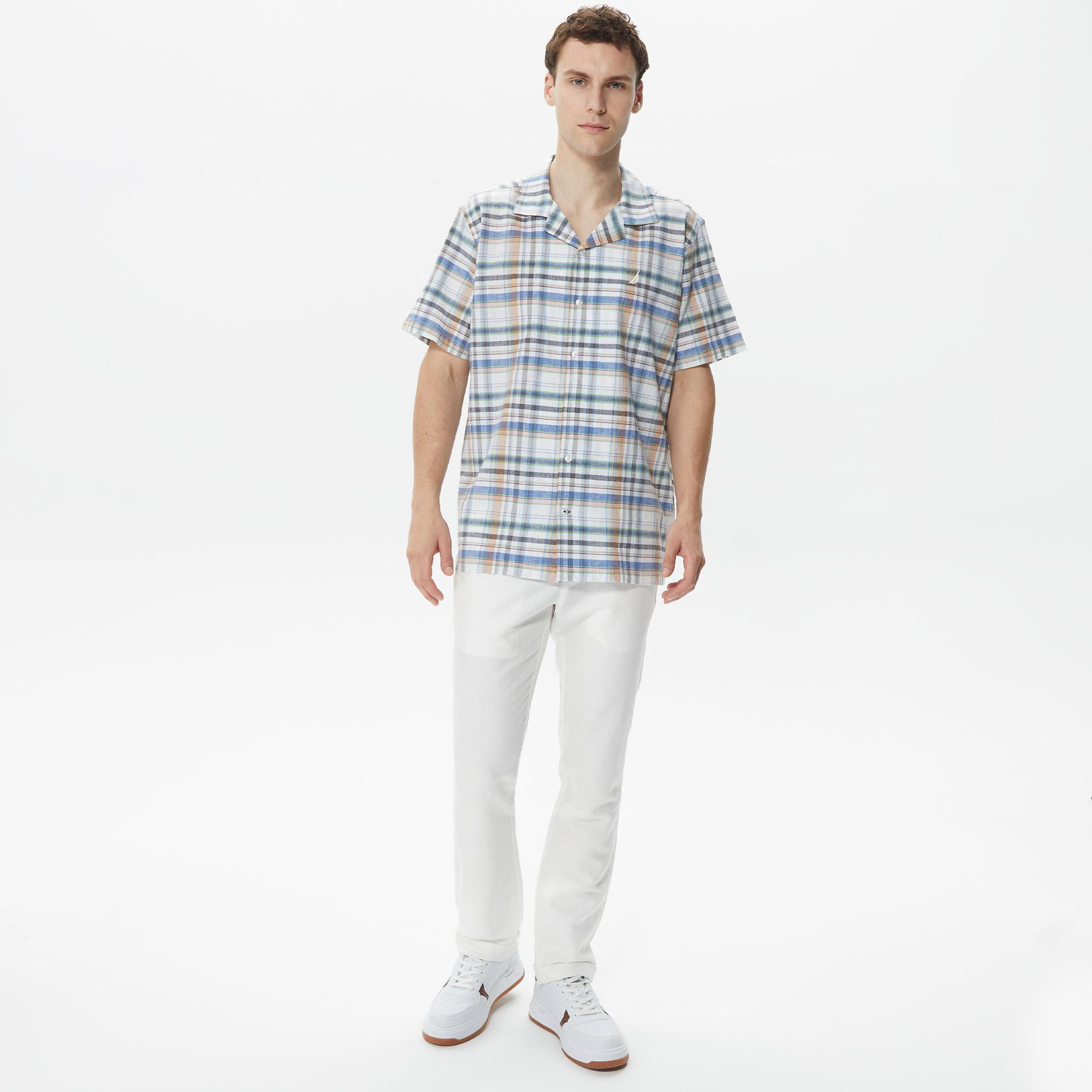 Nautica Erkek Krem Rengi Classic Fit Kısa Kollu Keten Gömlek