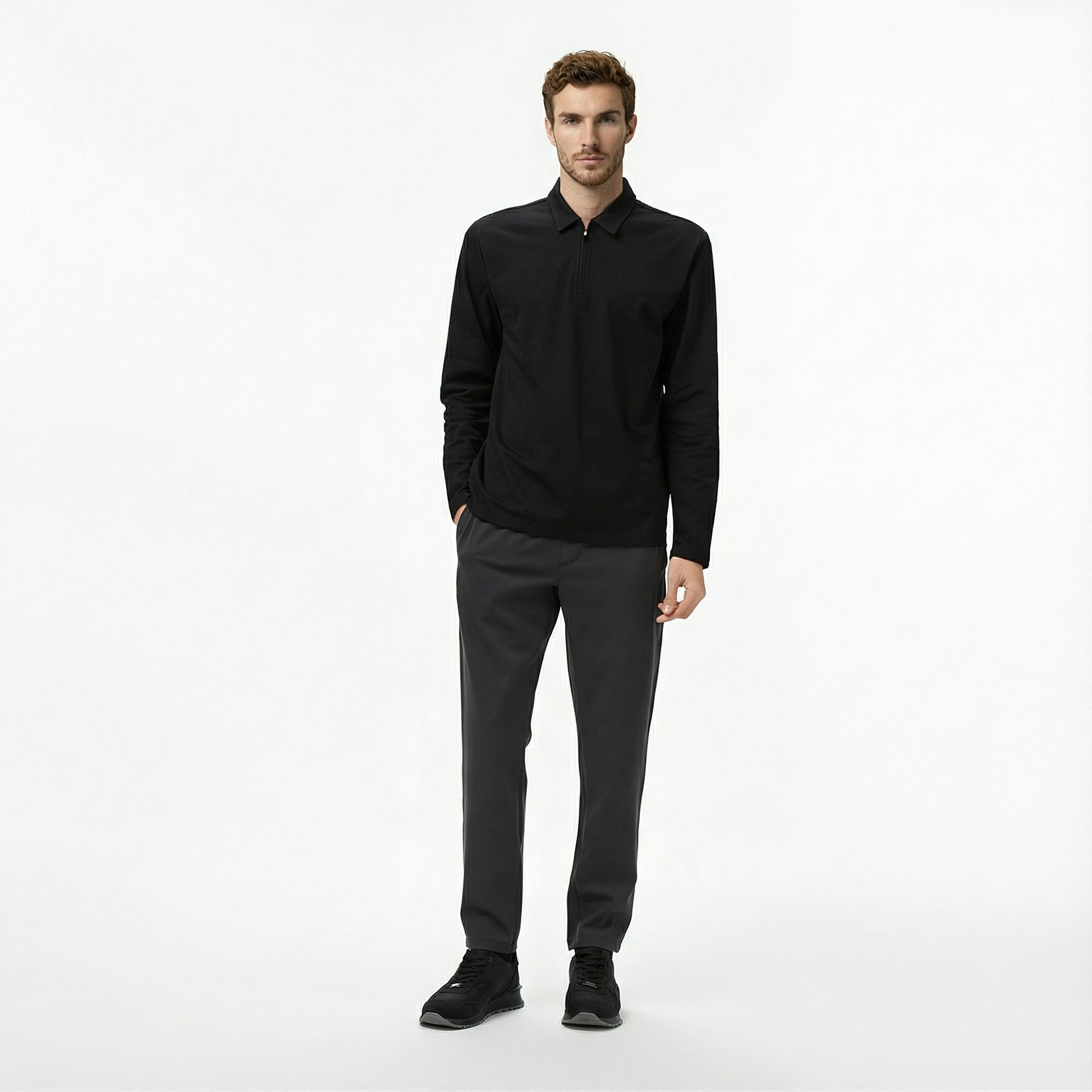 Nautica Erkek Siyah Classic Fit Uzun Kollu Polo Yaka T-Shirt