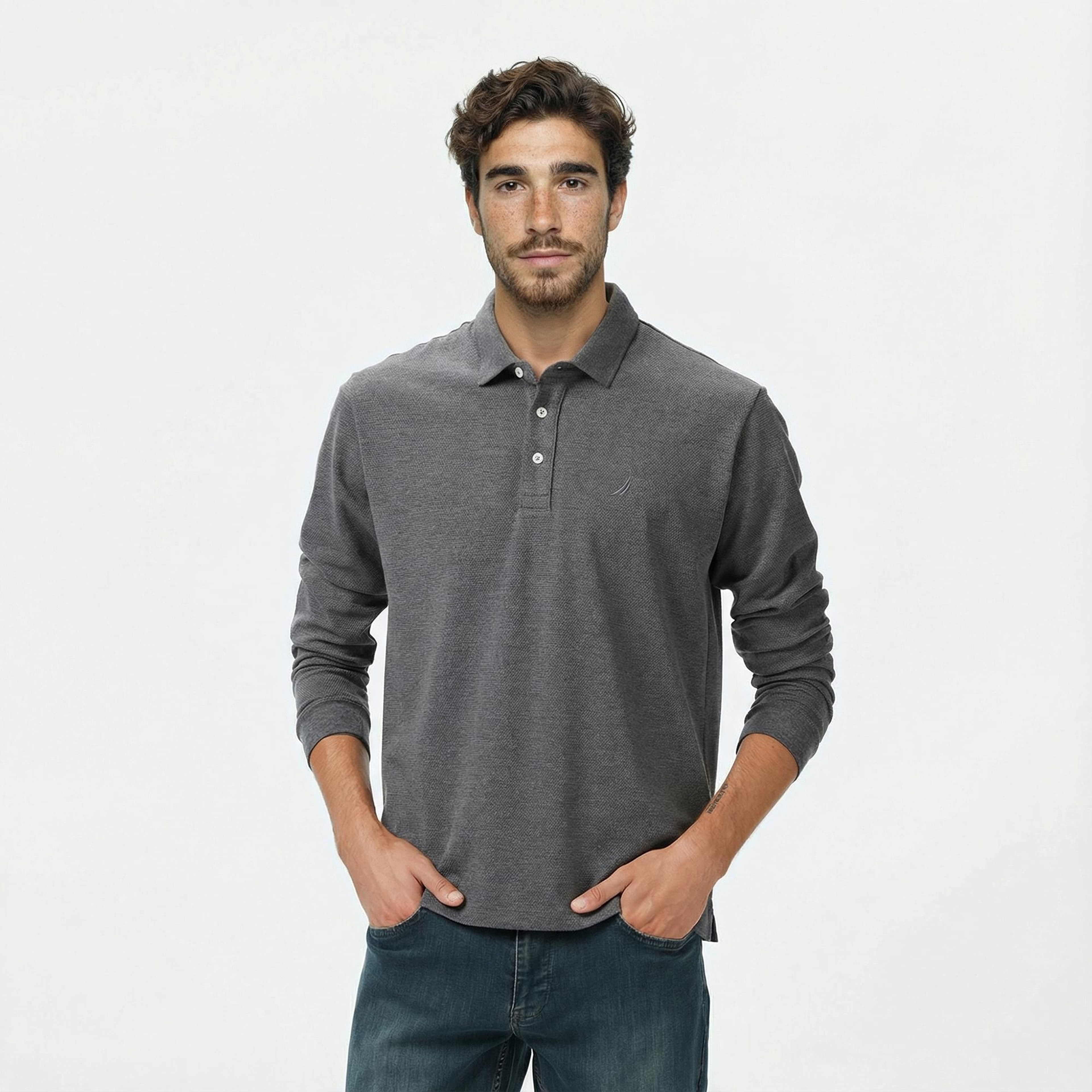 Nautica Erkek Gri Classic Fit Uzun Kollu Polo Yaka T-Shirt