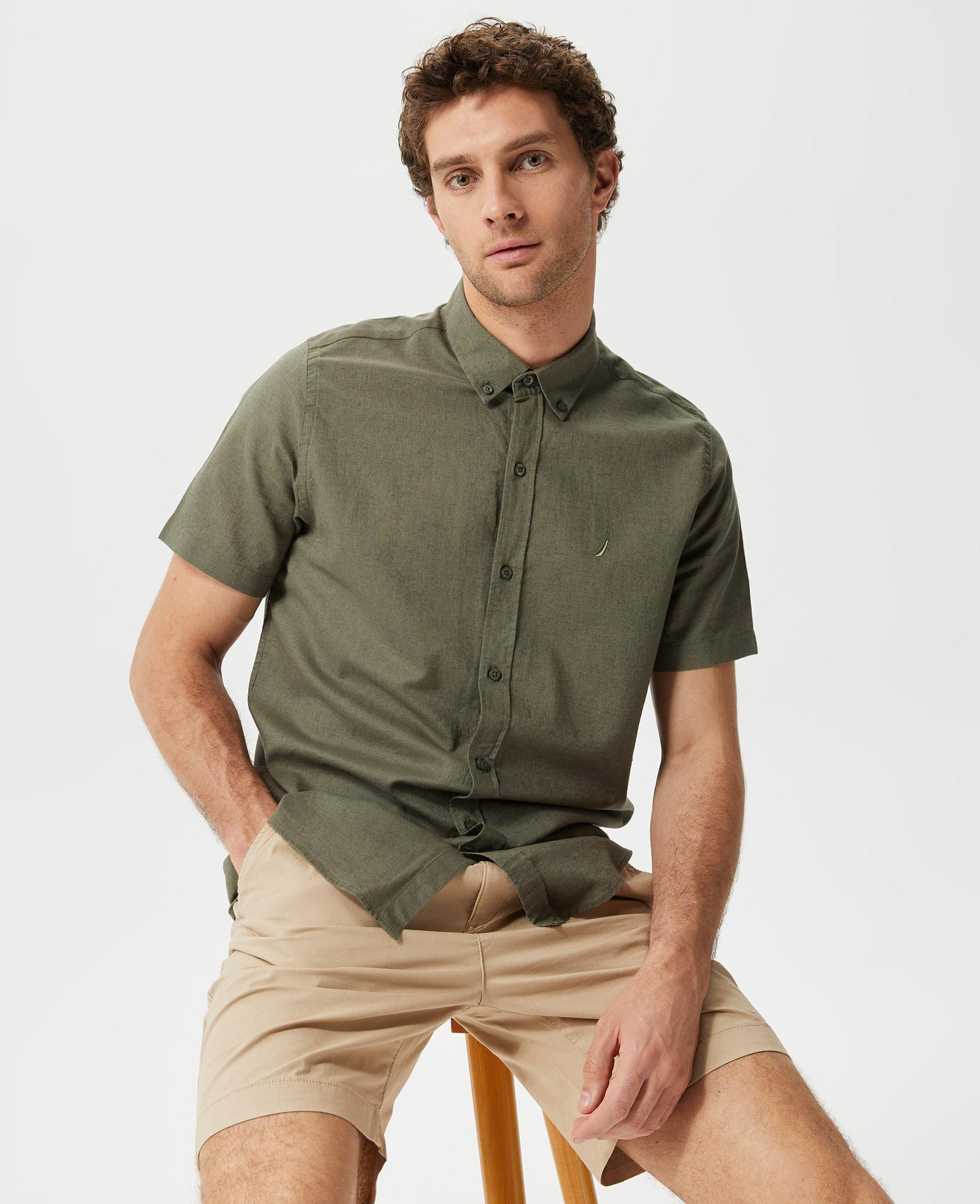 Nautica Erkek Yeşil Classic Fit Kısa Kollu Keten Gömlek