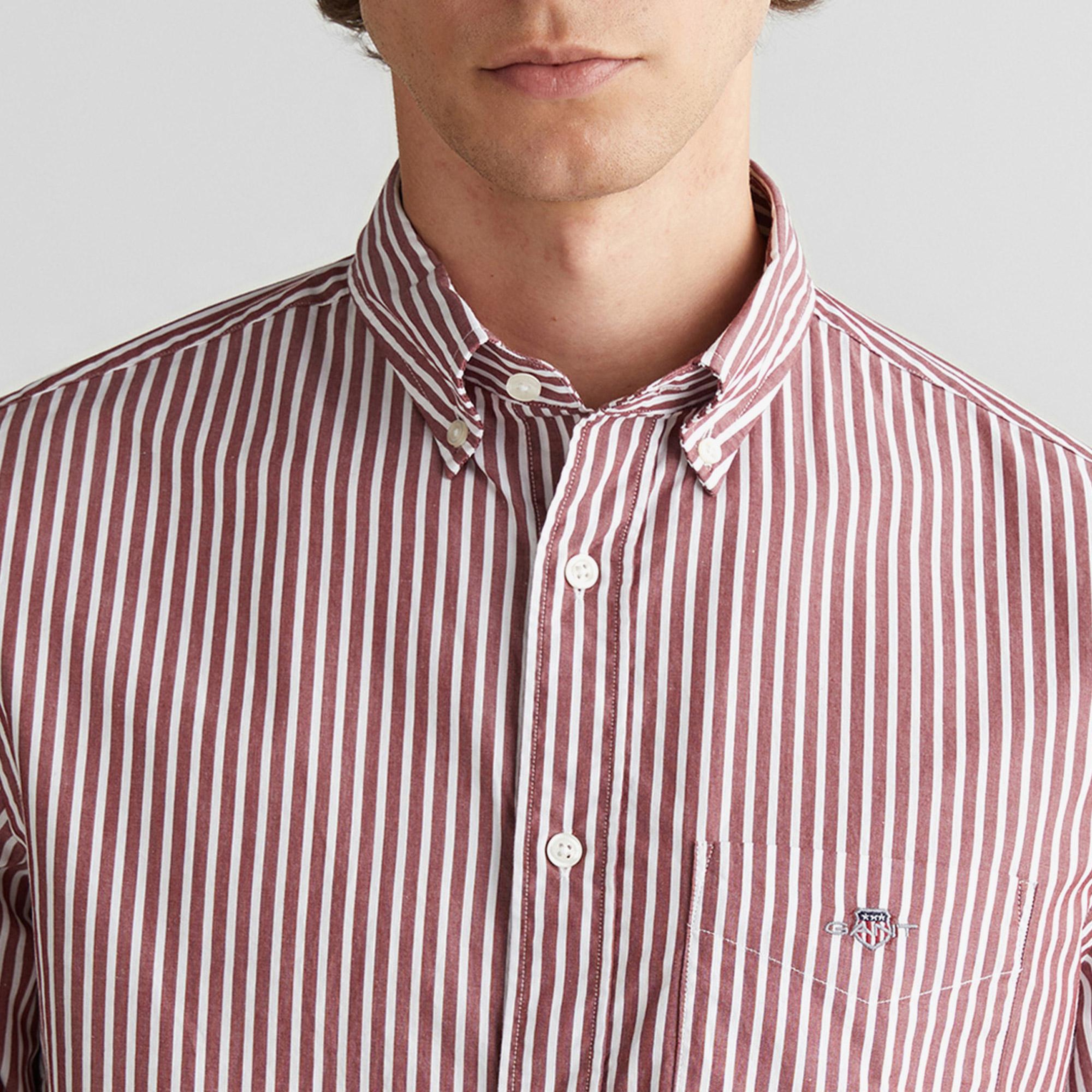 GANT Erkek Bordo Regular Fit Düğmeli Yaka Çizgili Poplin Gömlek
