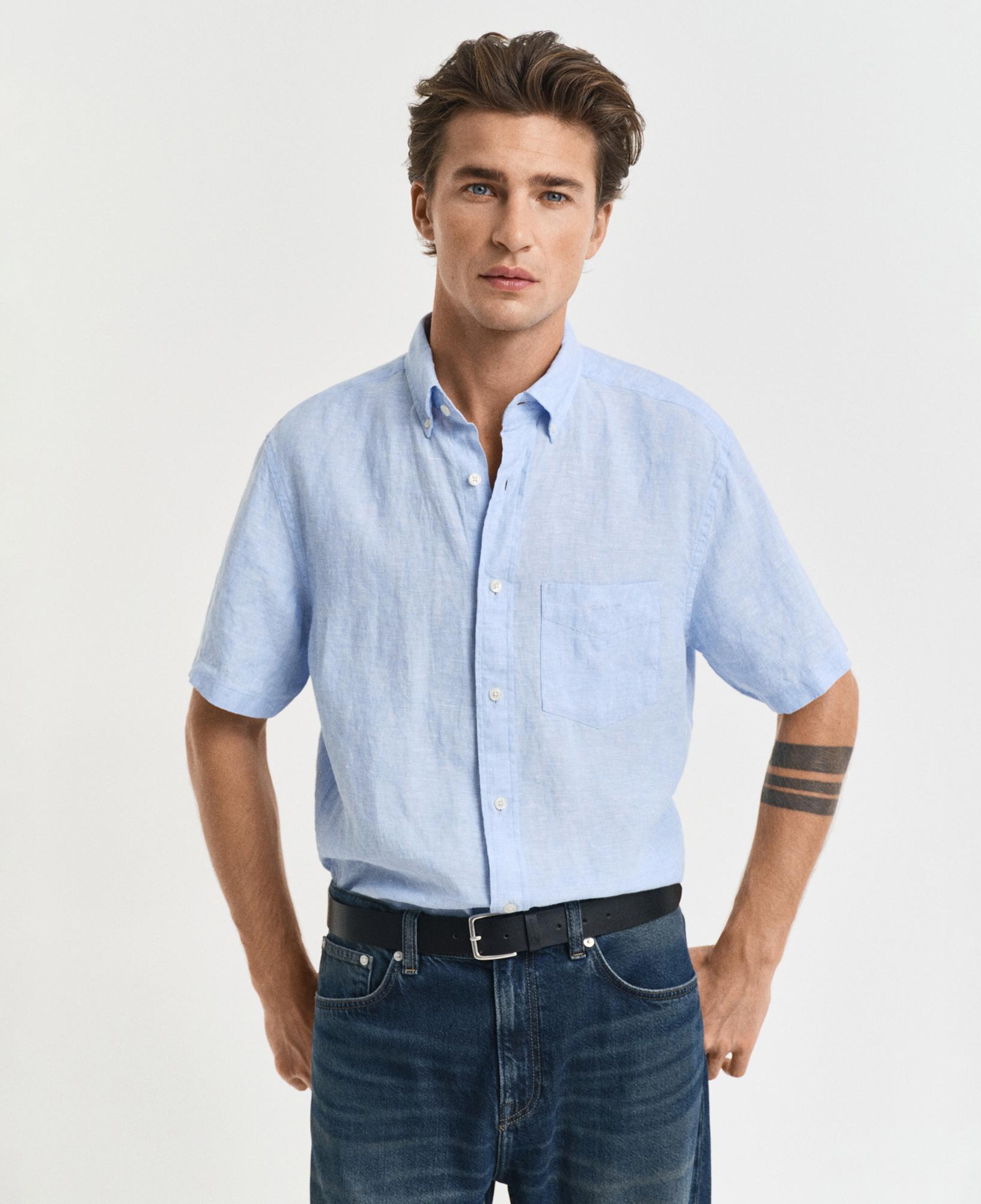 GANT Erkek Mavi Regular Fit Düğmeli Yaka Keten Gömlek
