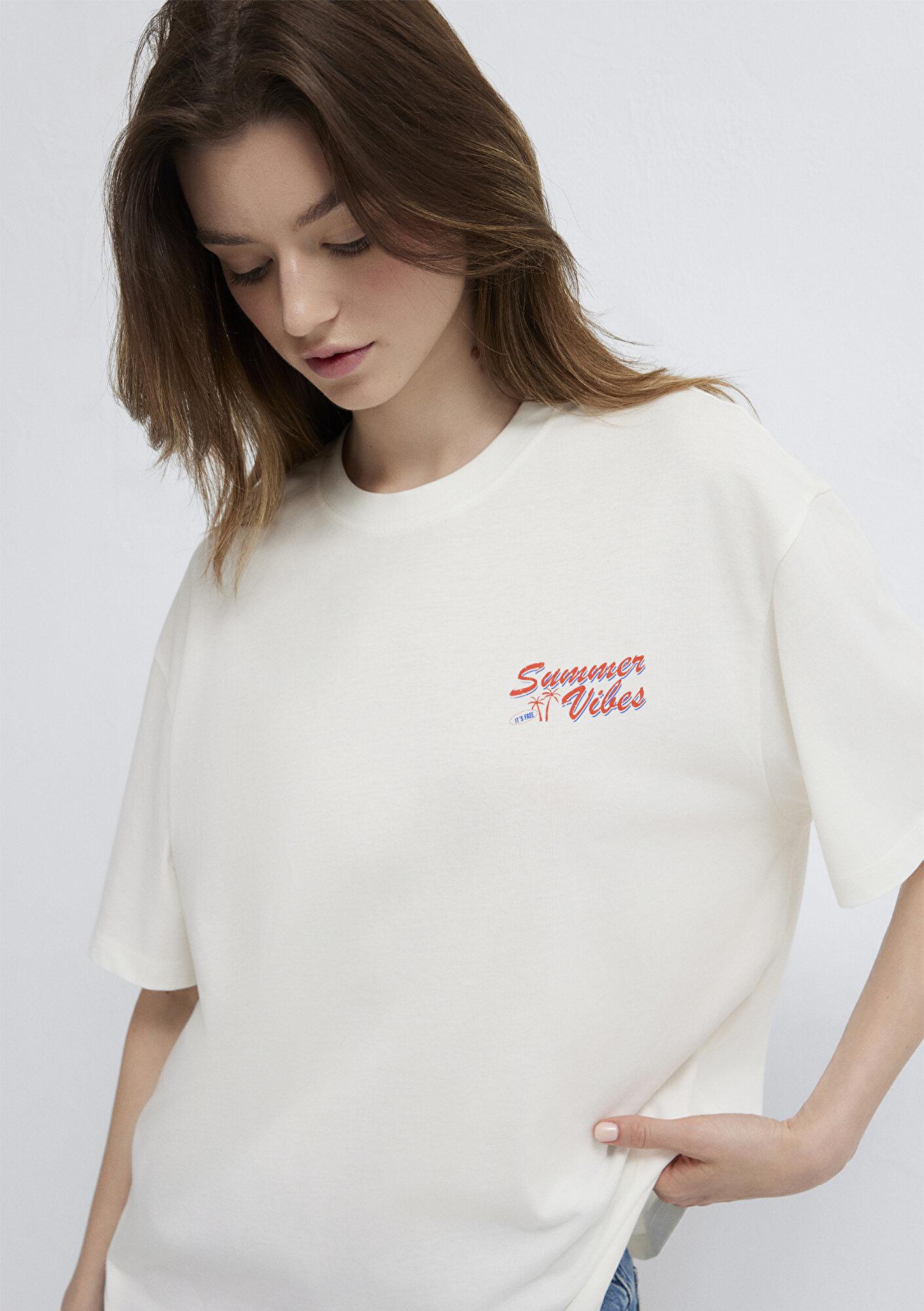 Mavi Slogan Baskılı Ekru Tişört Boxy Fit 1613905-70057