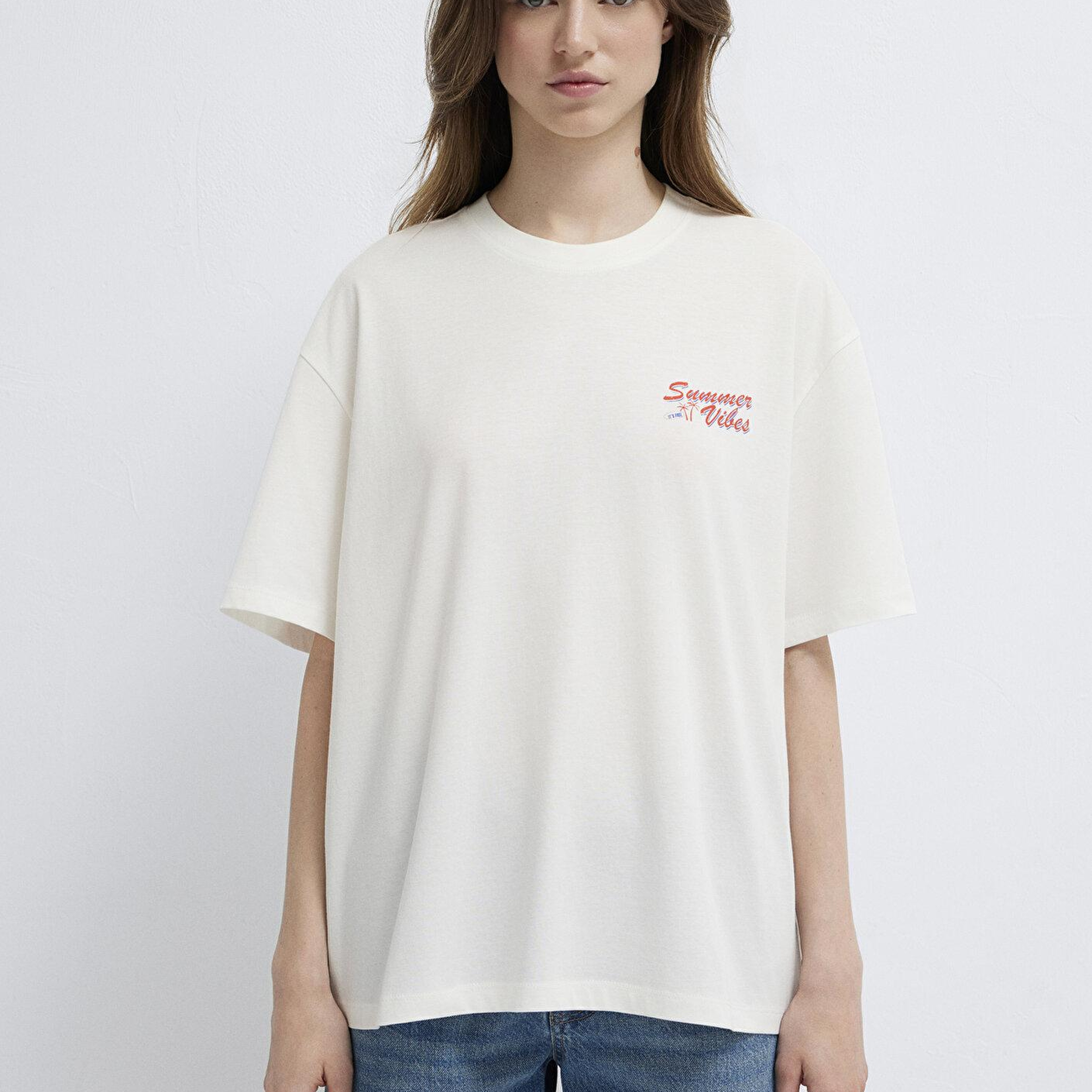 Mavi Slogan Baskılı Ekru Tişört Boxy Fit 1613905-70057