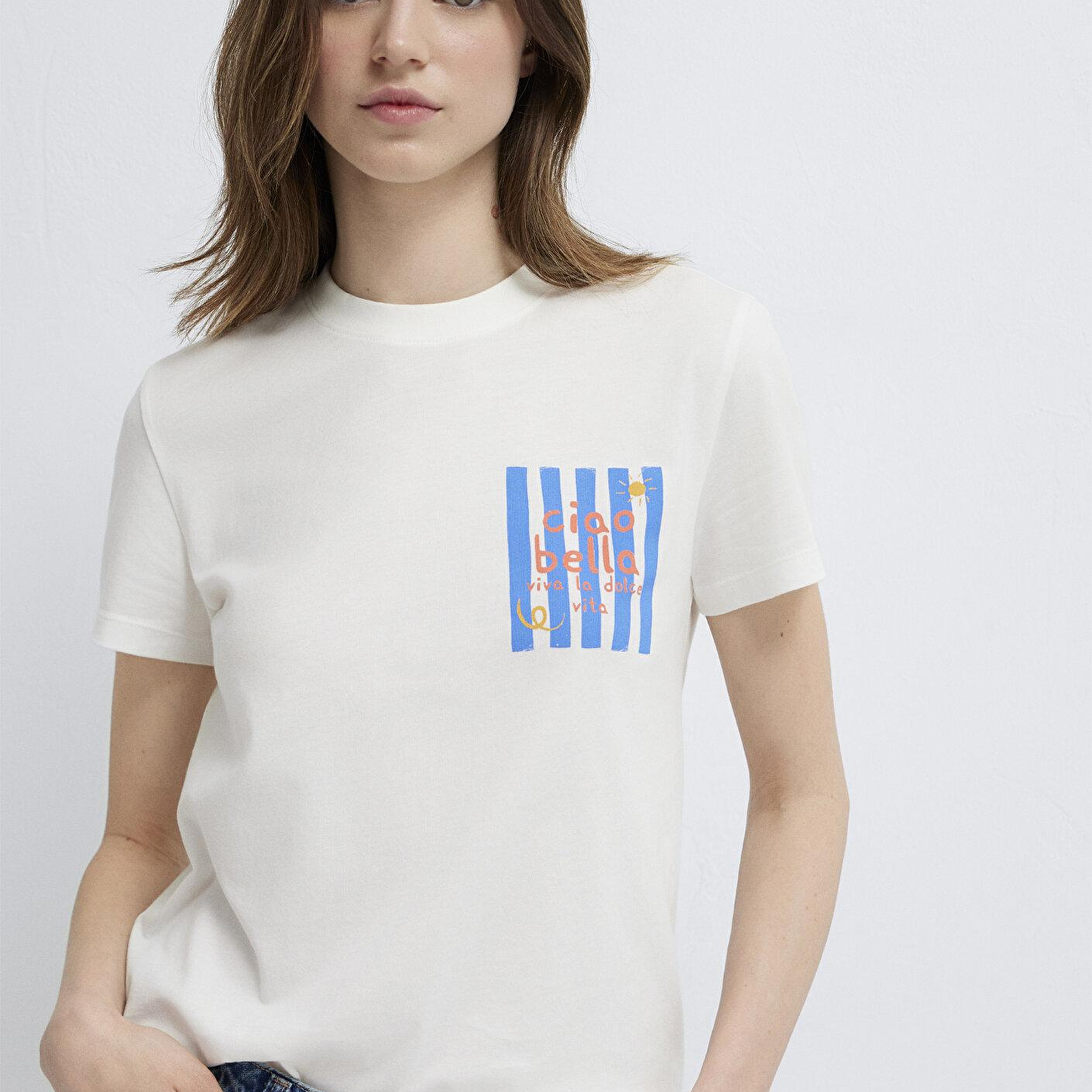 Mavi Baskılı Ekru Tişört Semi Slim Fit / Yarı Dar Kesim 1613988-70057