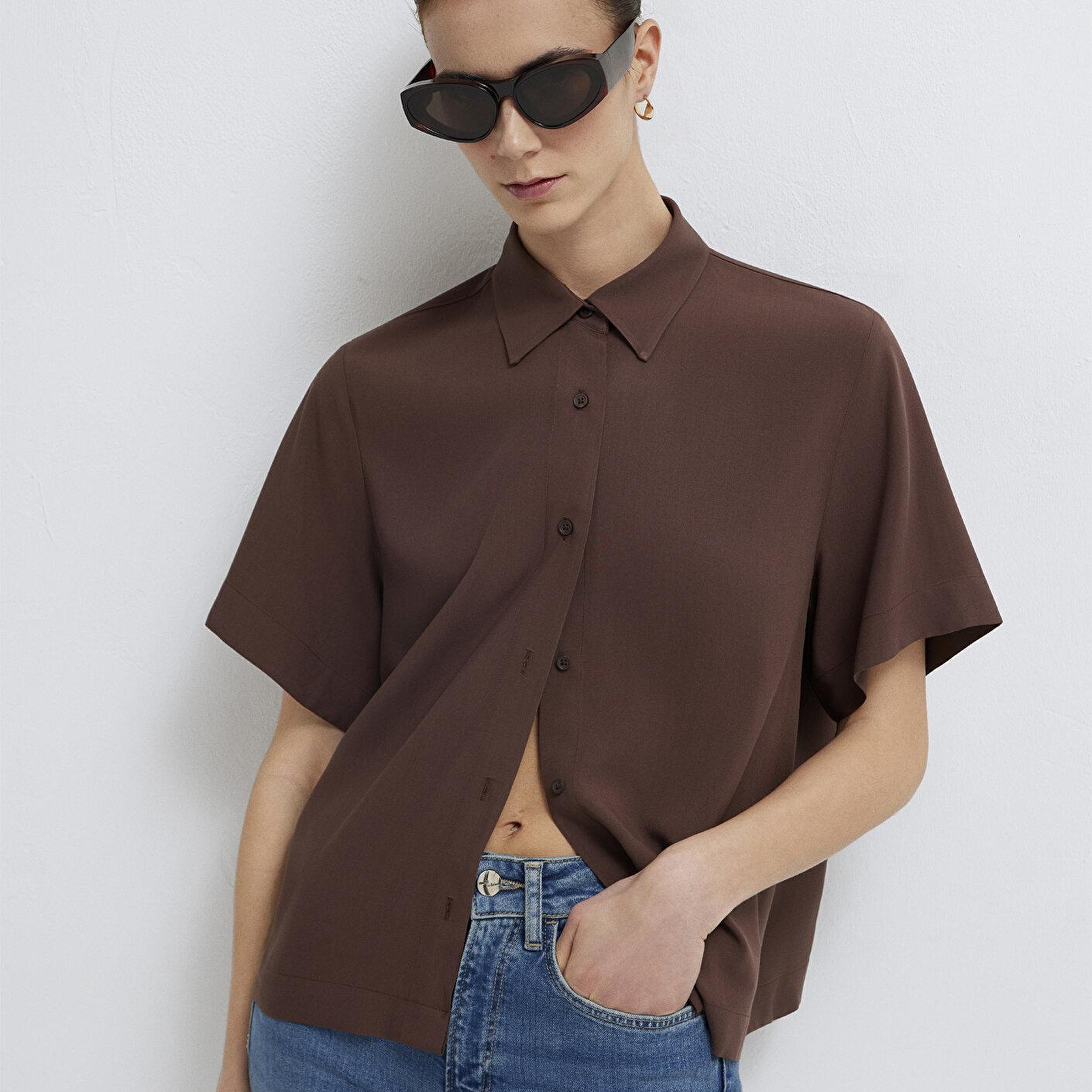 Mavi Kahverengi Gömlek Loose Fit / Bol Rahat Kesim 1211613-87537