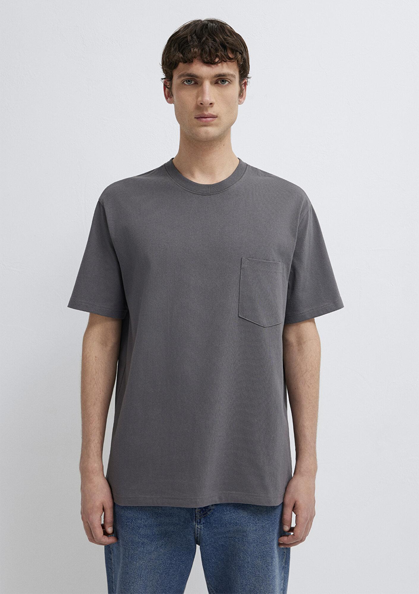 Mavi Cep Detaylı Gri Basic Tişört Loose Fit / Bol Rahat Kesim 066248-85309