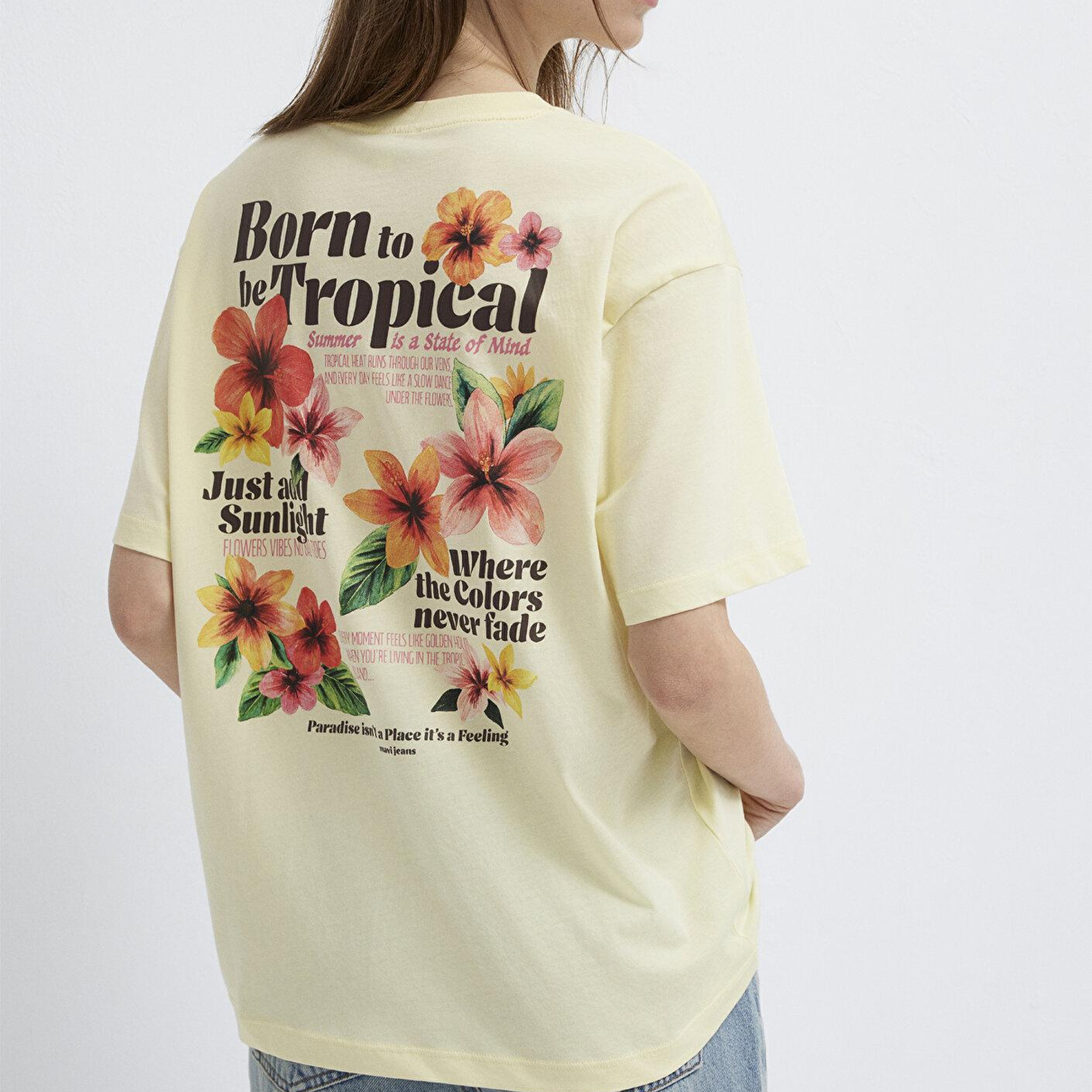Mavi Tropical Baskılı Sarı Tişört Loose Fit / Bol Rahat Kesim 1614151-71305