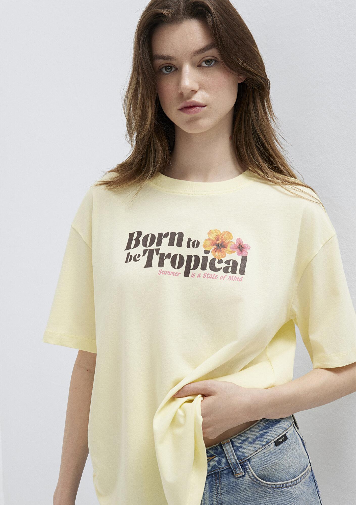 Mavi Tropical Baskılı Sarı Tişört Loose Fit / Bol Rahat Kesim 1614151-71305